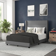 Hollis Full Upholstered Platform Bed with Wingback Headboard, Mattress Foundation with Slatted Supports, No Box Spring Needed, Gray Faux Linen