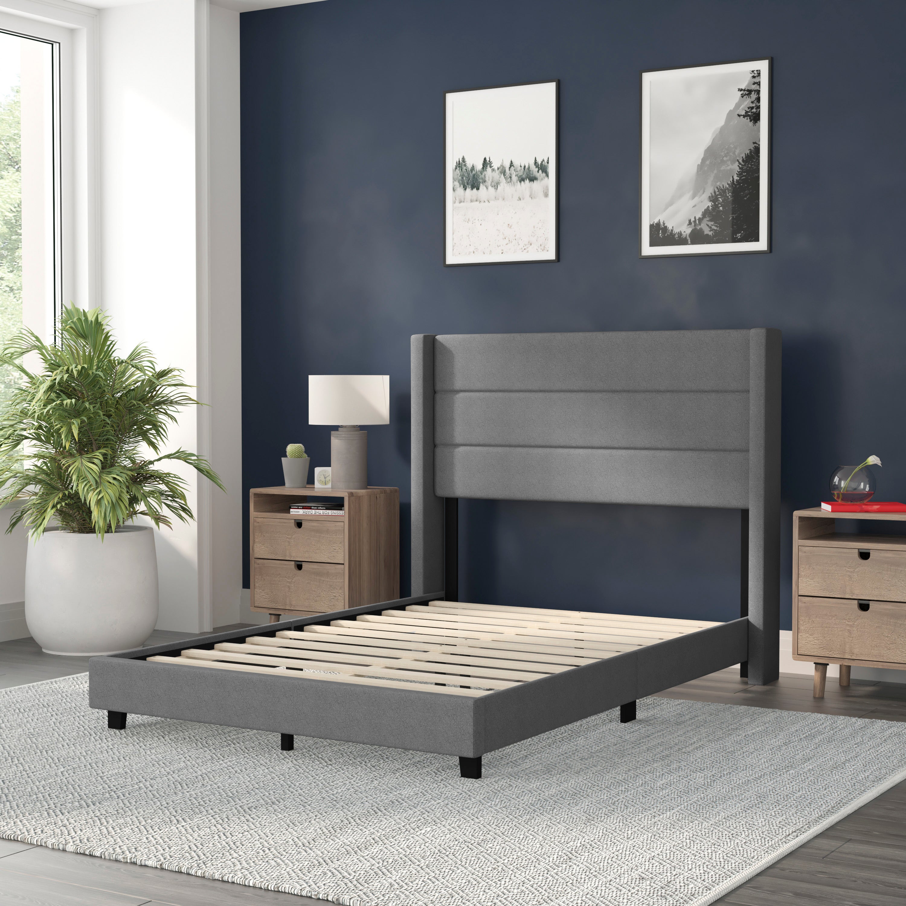 Hollis Full Upholstered Platform Bed with Wingback Headboard, Mattress Foundation with Slatted Supports, No Box Spring Needed, Gray Faux Linen