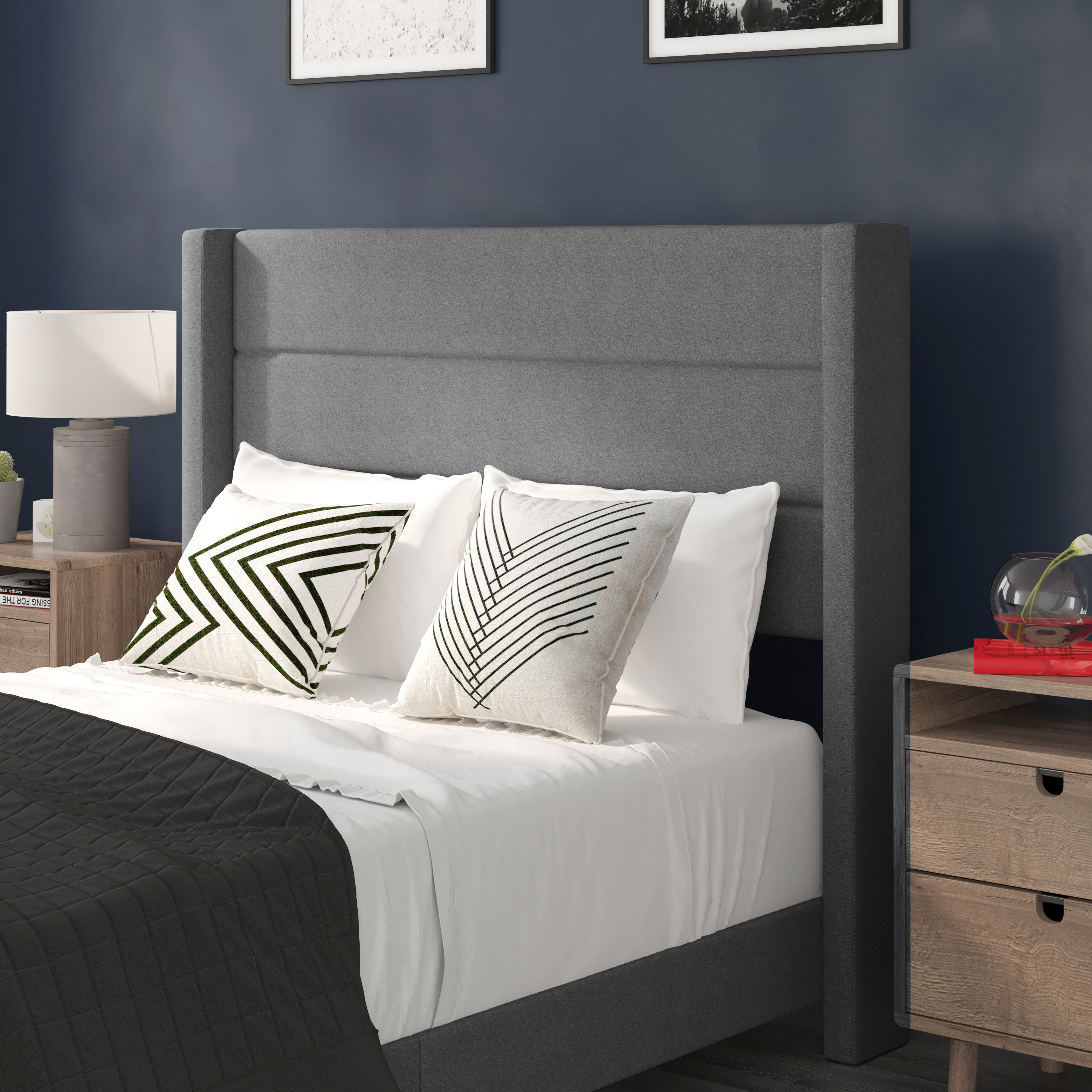 Hollis Full Upholstered Platform Bed with Wingback Headboard, Mattress Foundation with Slatted Supports, No Box Spring Needed, Gray Faux Linen