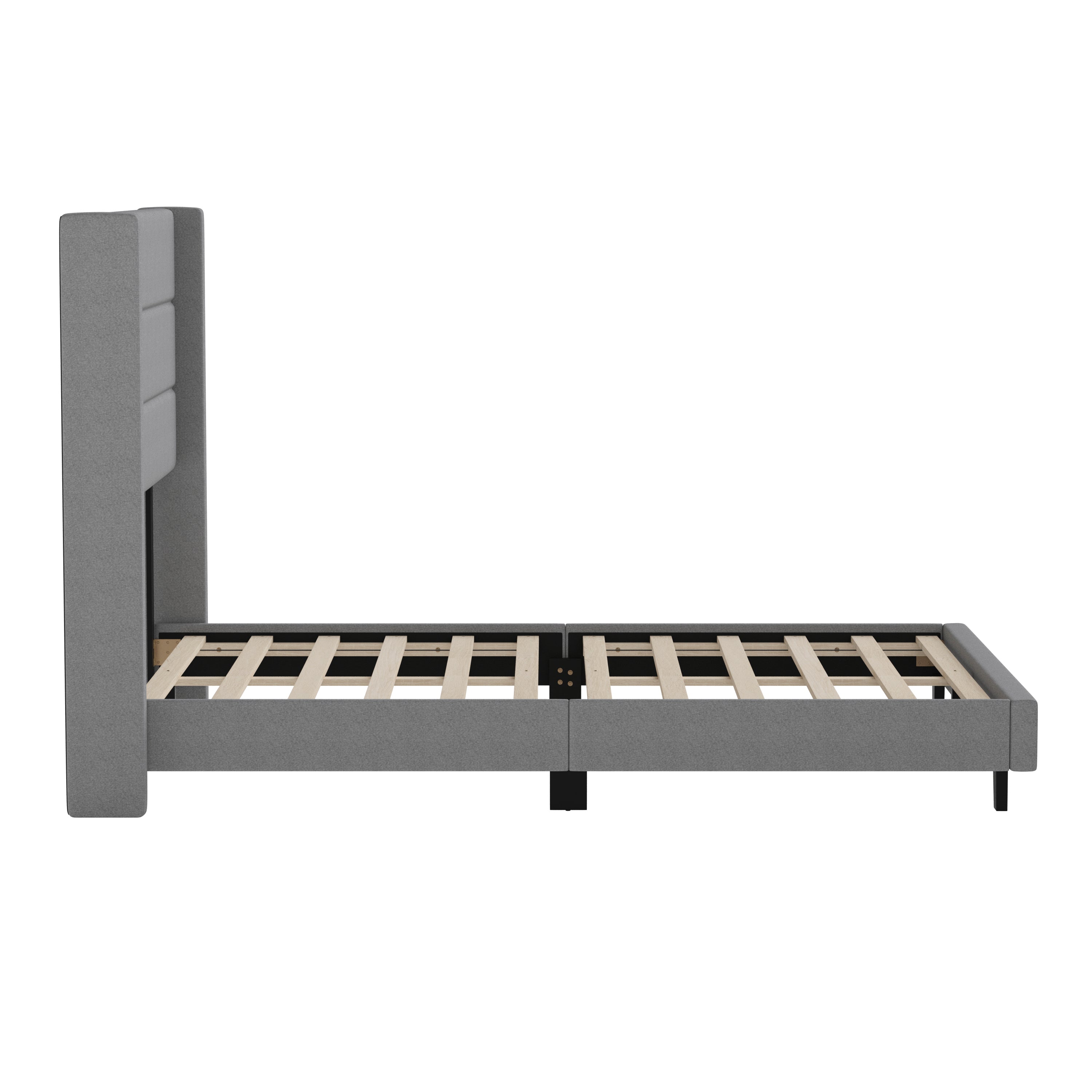 Hollis Full Upholstered Platform Bed with Wingback Headboard, Mattress Foundation with Slatted Supports, No Box Spring Needed, Gray Faux Linen