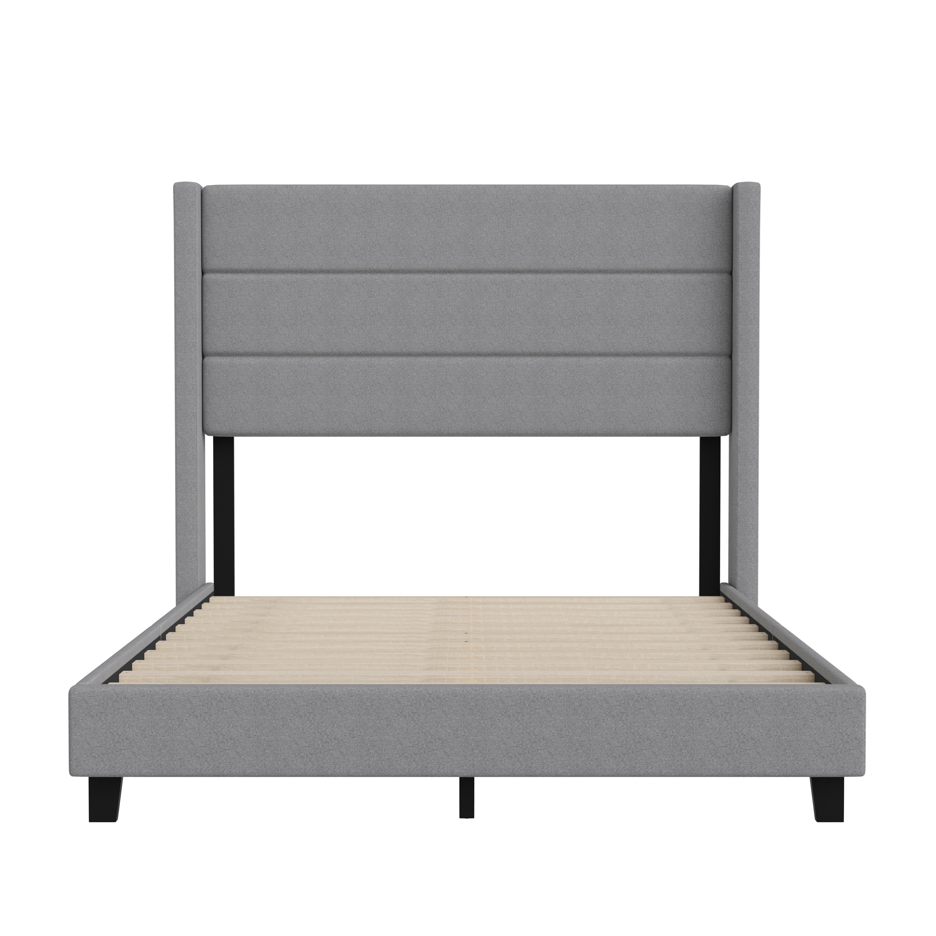Hollis Full Upholstered Platform Bed with Wingback Headboard, Mattress Foundation with Slatted Supports, No Box Spring Needed, Gray Faux Linen