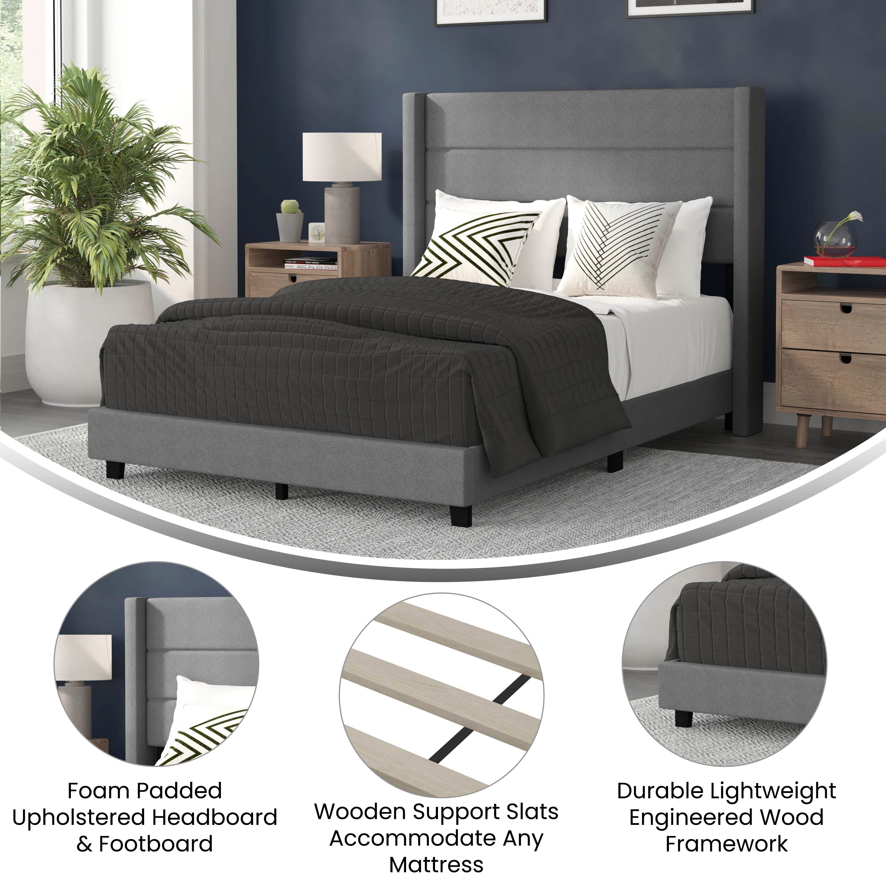 Hollis Full Upholstered Platform Bed with Wingback Headboard, Mattress Foundation with Slatted Supports, No Box Spring Needed, Gray Faux Linen