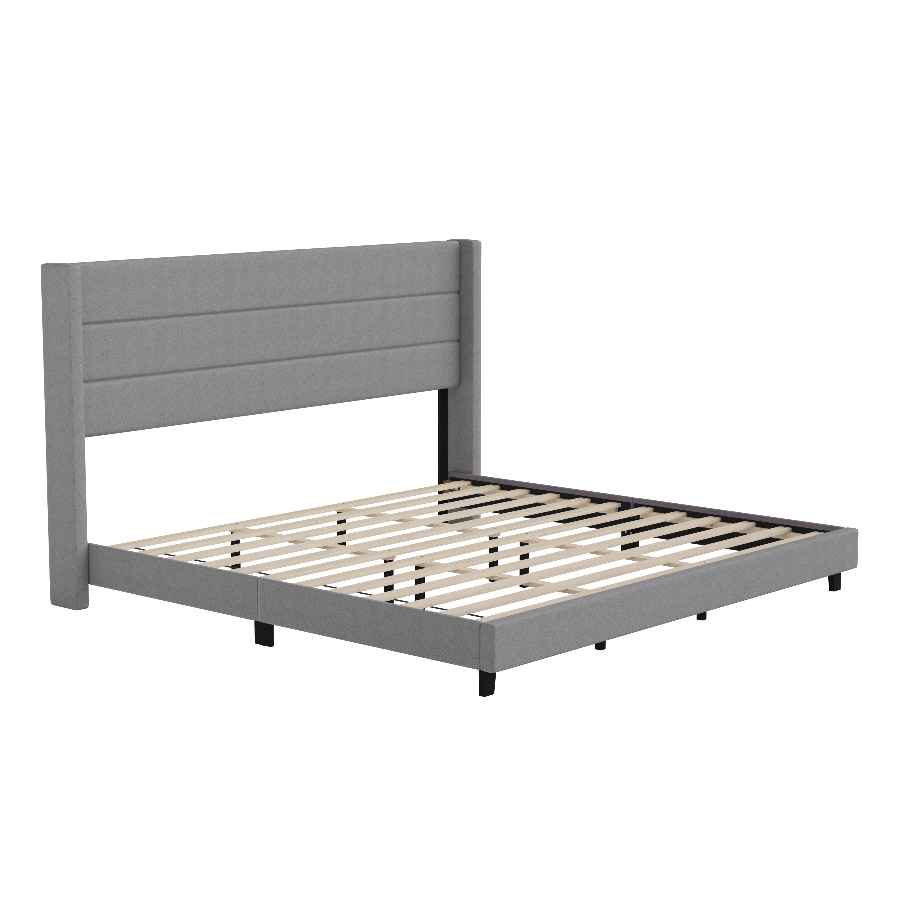 Hollis King Upholstered Platform Bed with Wingback Headboard, Mattress Foundation with Slatted Supports, No Box Spring Needed, Gray Faux Linen
