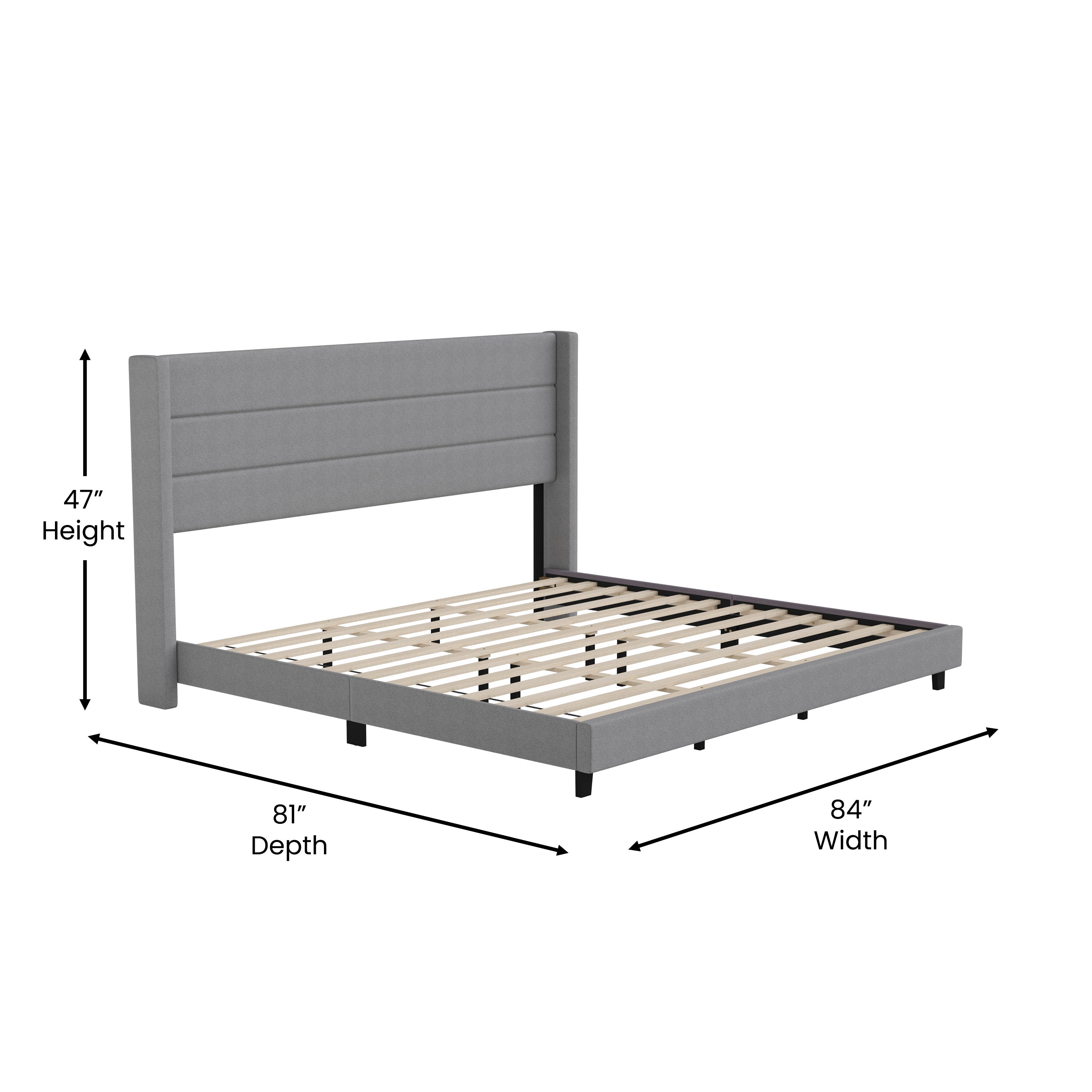 Hollis King Upholstered Platform Bed with Wingback Headboard, Mattress Foundation with Slatted Supports, No Box Spring Needed, Gray Faux Linen