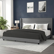 Hollis King Upholstered Platform Bed with Wingback Headboard, Mattress Foundation with Slatted Supports, No Box Spring Needed, Gray Faux Linen