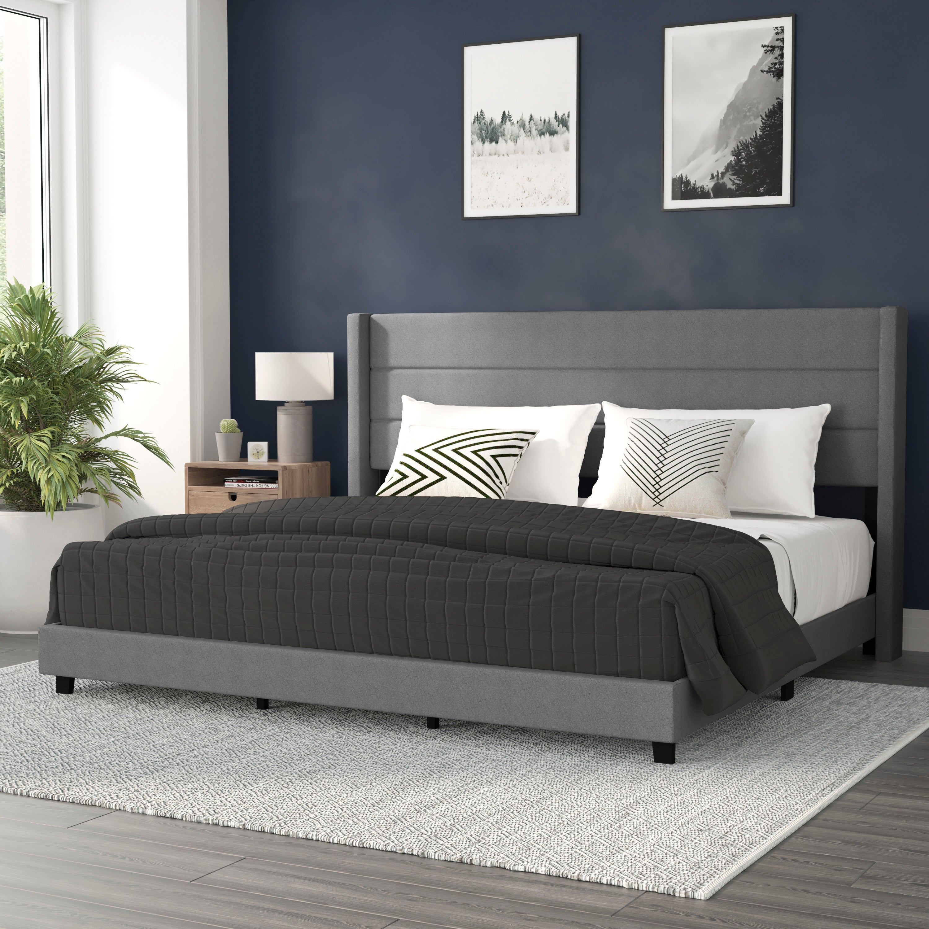 Hollis King Upholstered Platform Bed with Wingback Headboard, Mattress Foundation with Slatted Supports, No Box Spring Needed, Gray Faux Linen