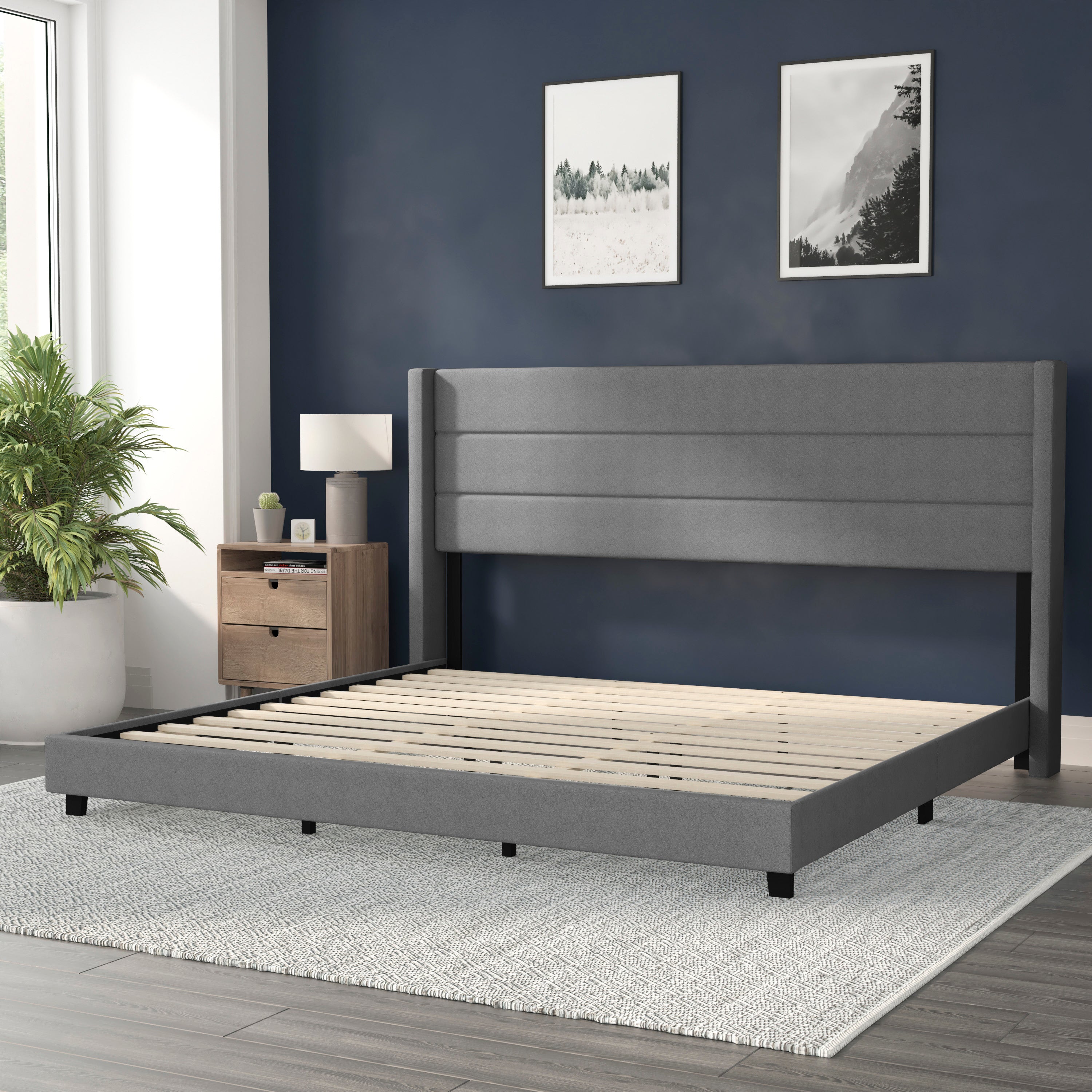 Hollis King Upholstered Platform Bed with Wingback Headboard, Mattress Foundation with Slatted Supports, No Box Spring Needed, Gray Faux Linen
