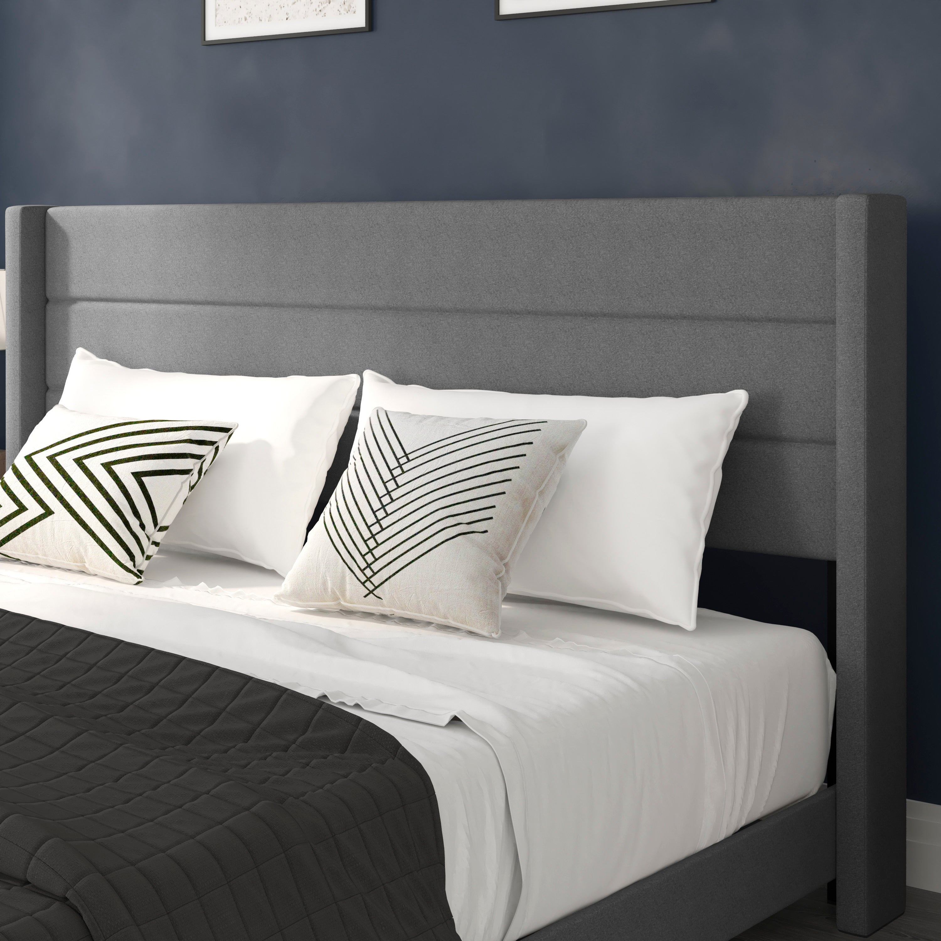 Hollis King Upholstered Platform Bed with Wingback Headboard, Mattress Foundation with Slatted Supports, No Box Spring Needed, Gray Faux Linen