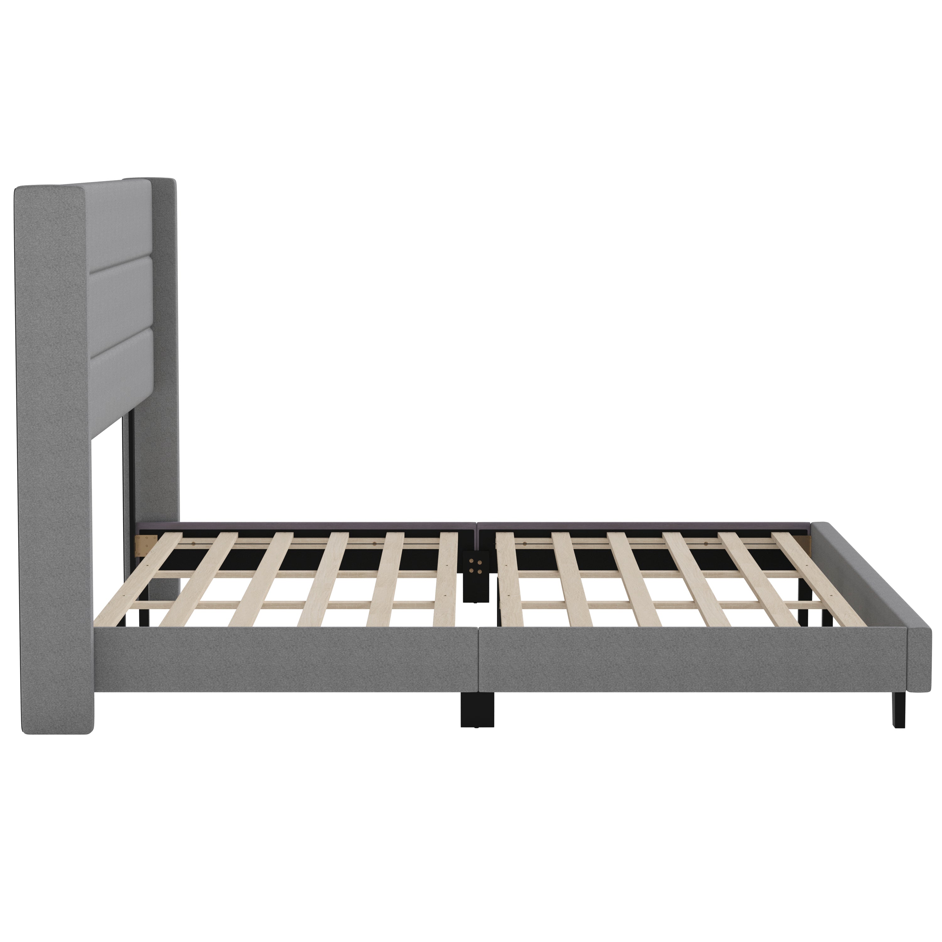 Hollis King Upholstered Platform Bed with Wingback Headboard, Mattress Foundation with Slatted Supports, No Box Spring Needed, Gray Faux Linen