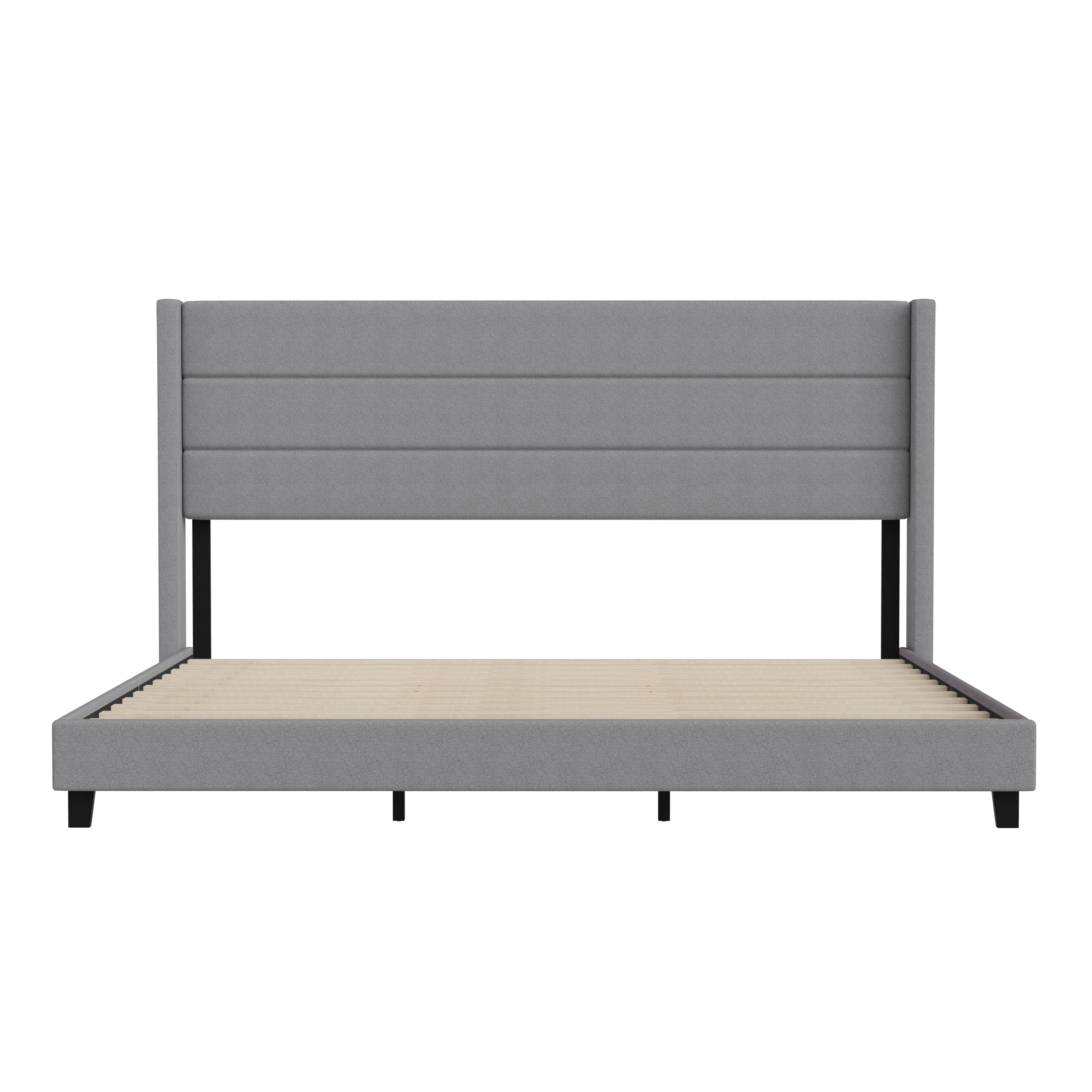 Hollis King Upholstered Platform Bed with Wingback Headboard, Mattress Foundation with Slatted Supports, No Box Spring Needed, Gray Faux Linen
