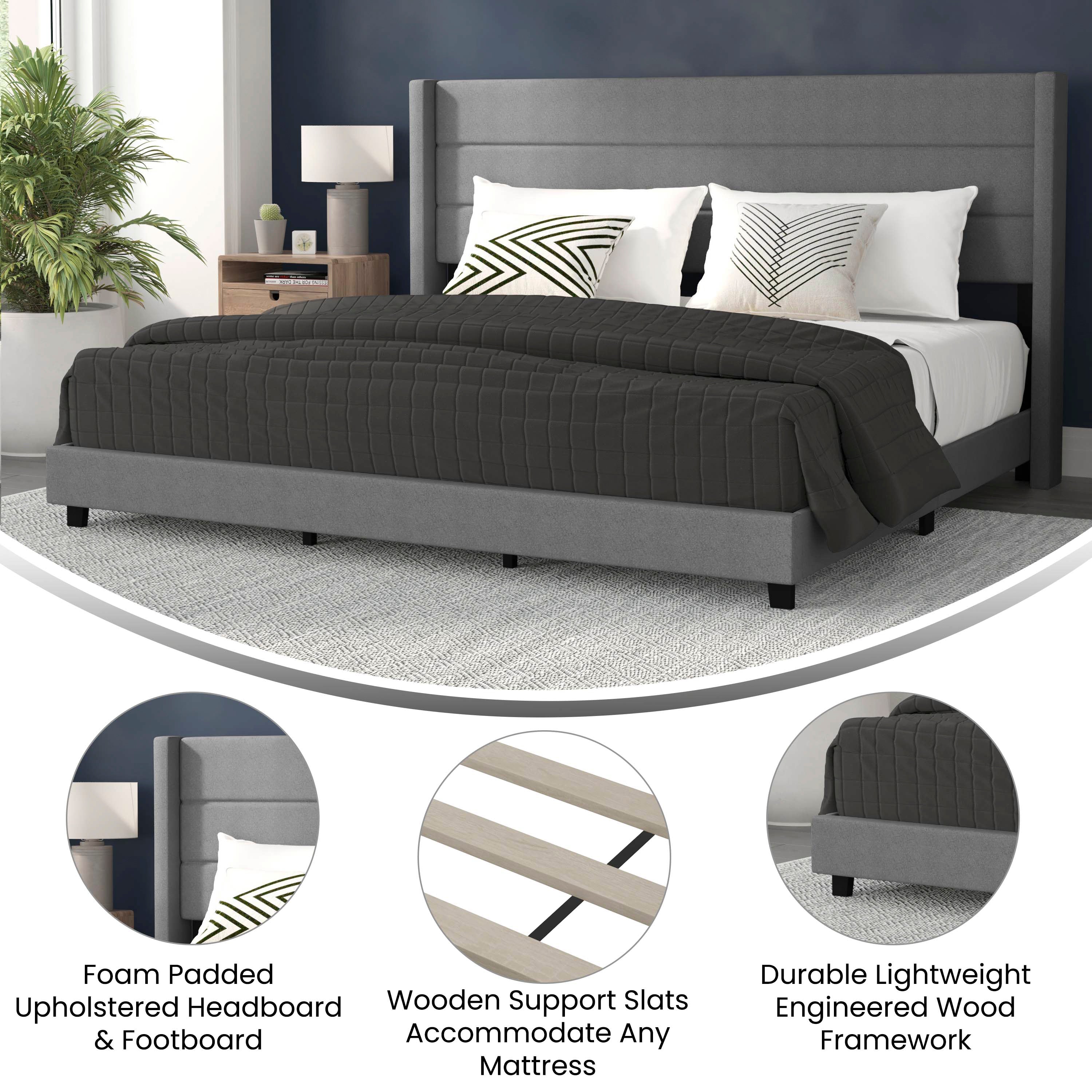 Hollis King Upholstered Platform Bed with Wingback Headboard, Mattress Foundation with Slatted Supports, No Box Spring Needed, Gray Faux Linen