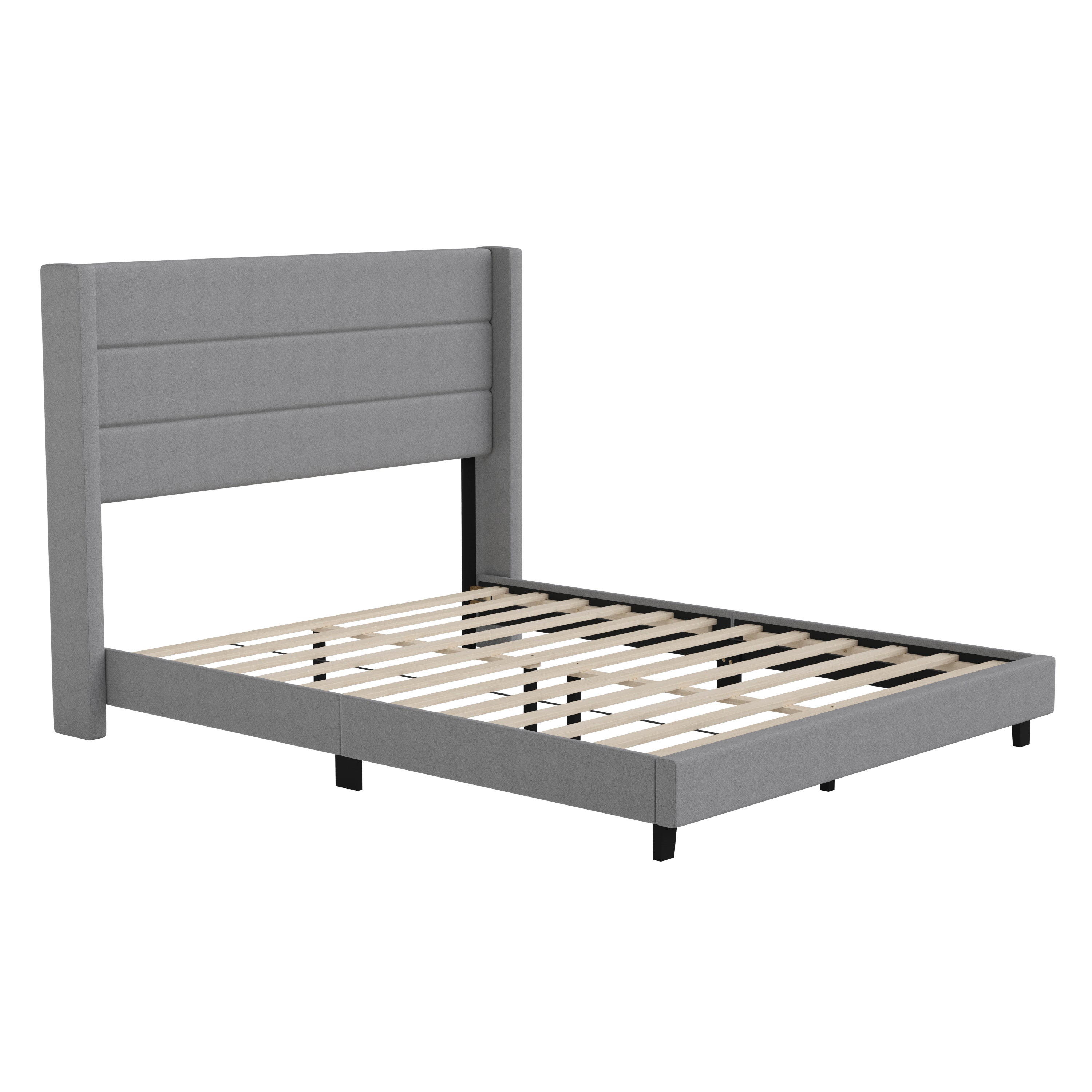 Hollis Queen Upholstered Platform Bed with Wingback Headboard, Mattress Foundation with Slatted Supports, No Box Spring Needed, Gray Faux Linen
