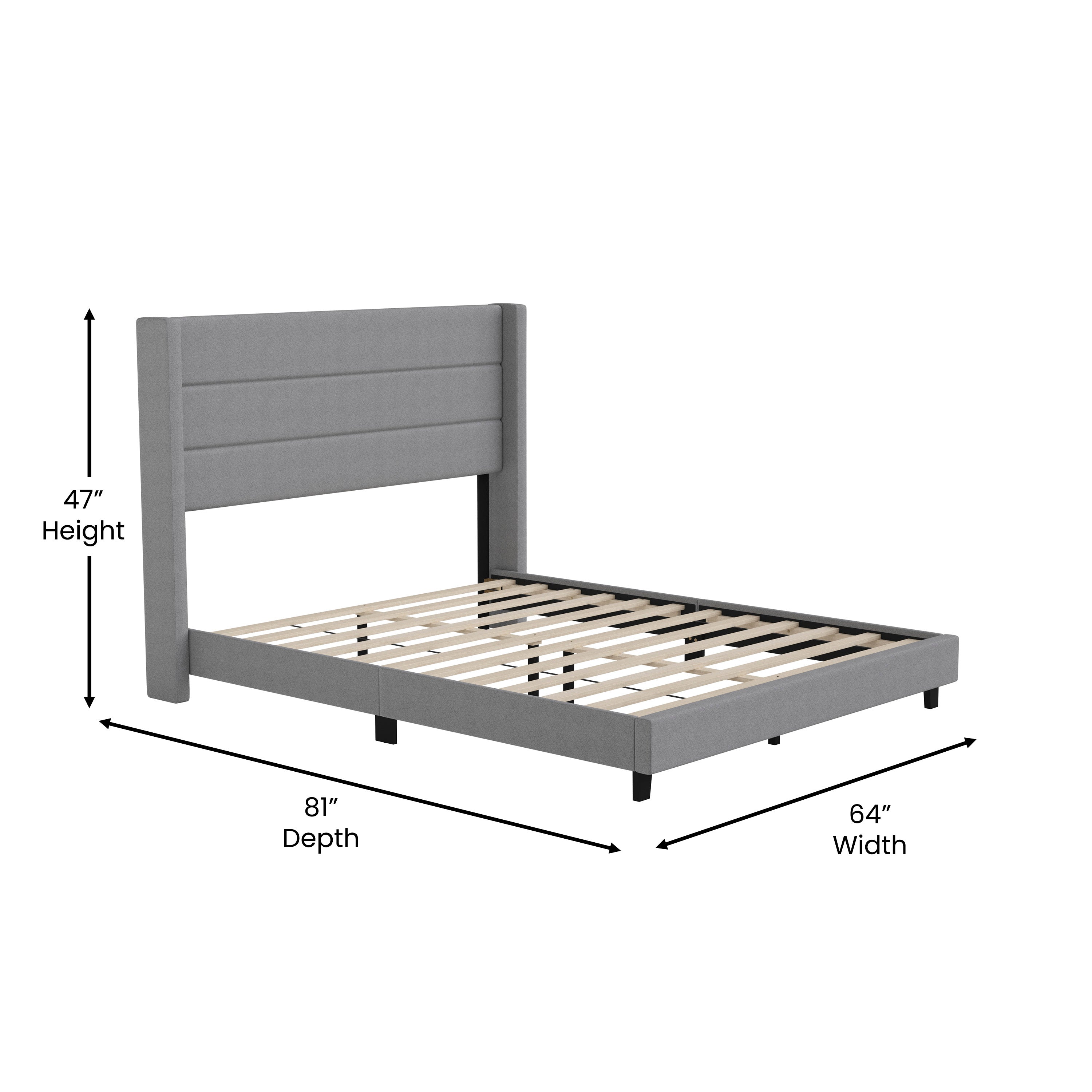Hollis Queen Upholstered Platform Bed with Wingback Headboard, Mattress Foundation with Slatted Supports, No Box Spring Needed, Gray Faux Linen