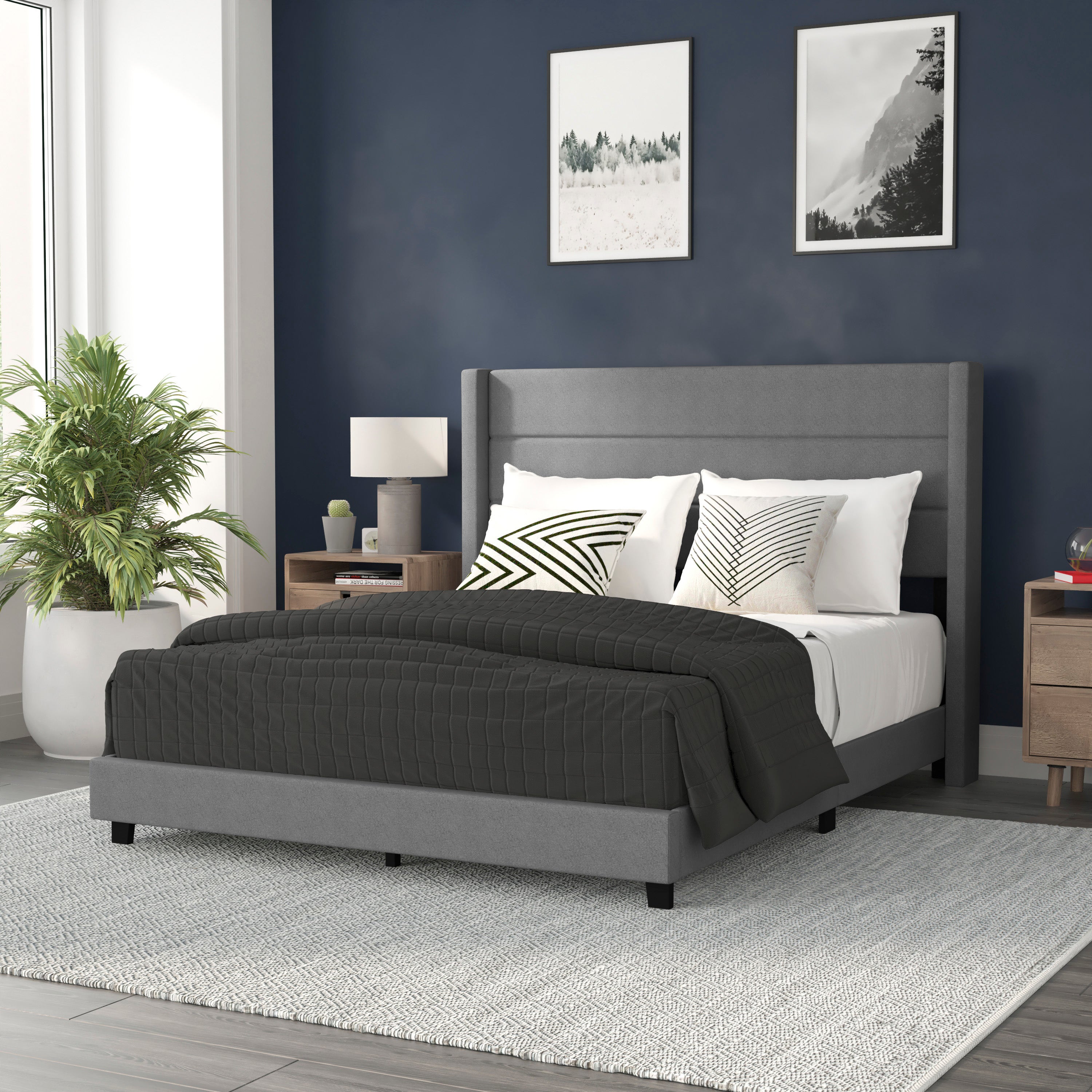 Hollis Queen Upholstered Platform Bed with Wingback Headboard, Mattress Foundation with Slatted Supports, No Box Spring Needed, Gray Faux Linen