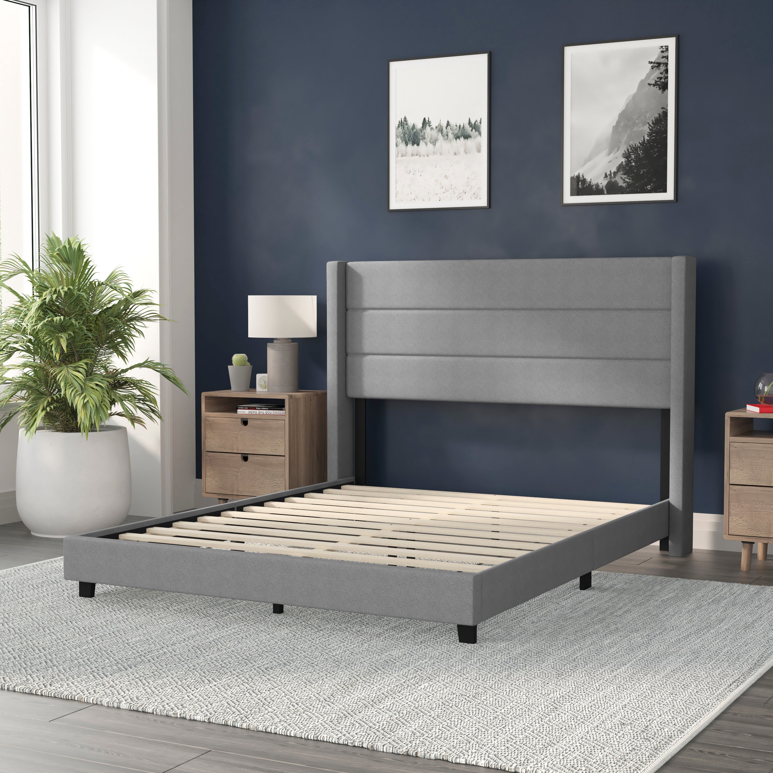 Hollis Queen Upholstered Platform Bed with Wingback Headboard, Mattress Foundation with Slatted Supports, No Box Spring Needed, Gray Faux Linen