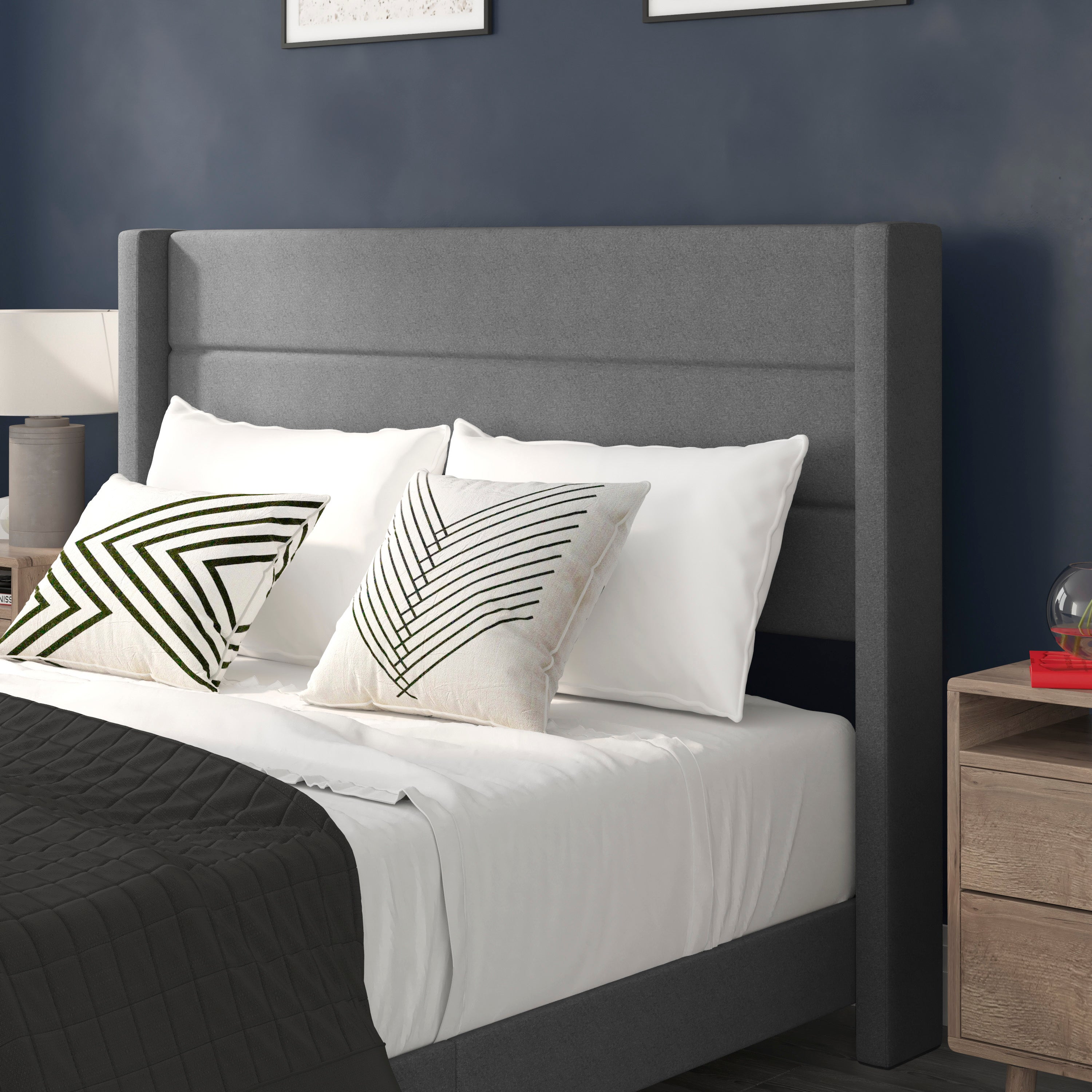 Hollis Queen Upholstered Platform Bed with Wingback Headboard, Mattress Foundation with Slatted Supports, No Box Spring Needed, Gray Faux Linen