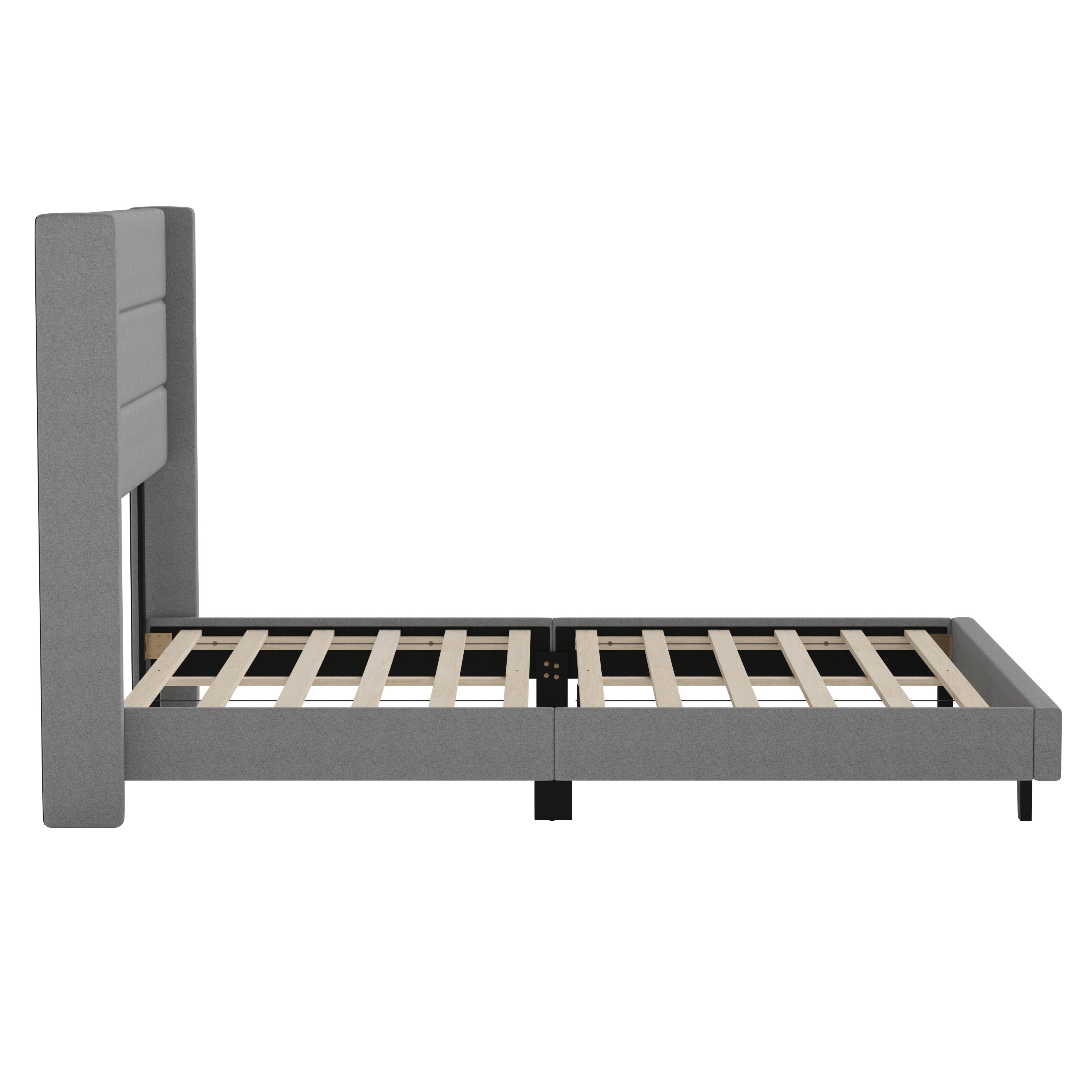 Hollis Queen Upholstered Platform Bed with Wingback Headboard, Mattress Foundation with Slatted Supports, No Box Spring Needed, Gray Faux Linen