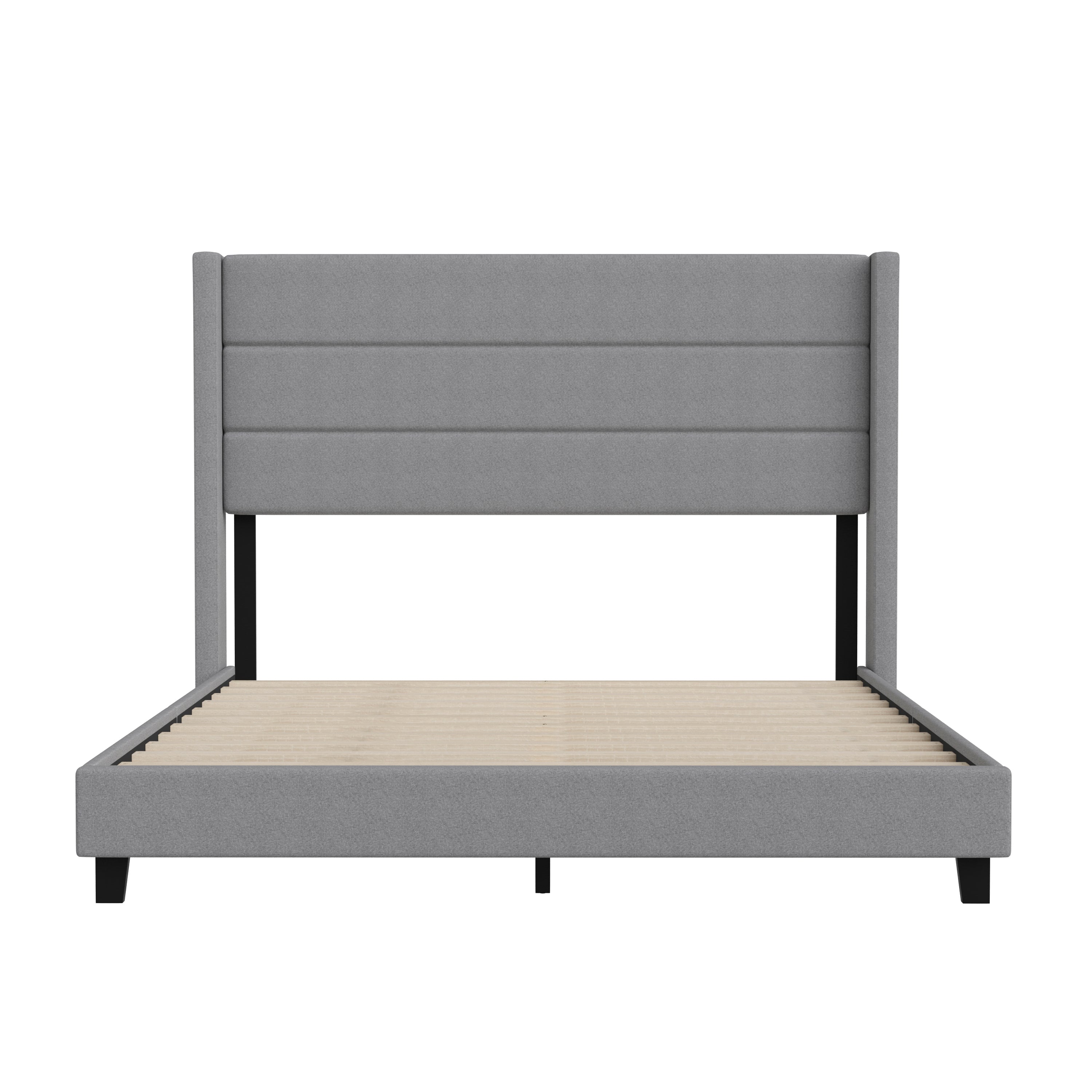Hollis Queen Upholstered Platform Bed with Wingback Headboard, Mattress Foundation with Slatted Supports, No Box Spring Needed, Gray Faux Linen