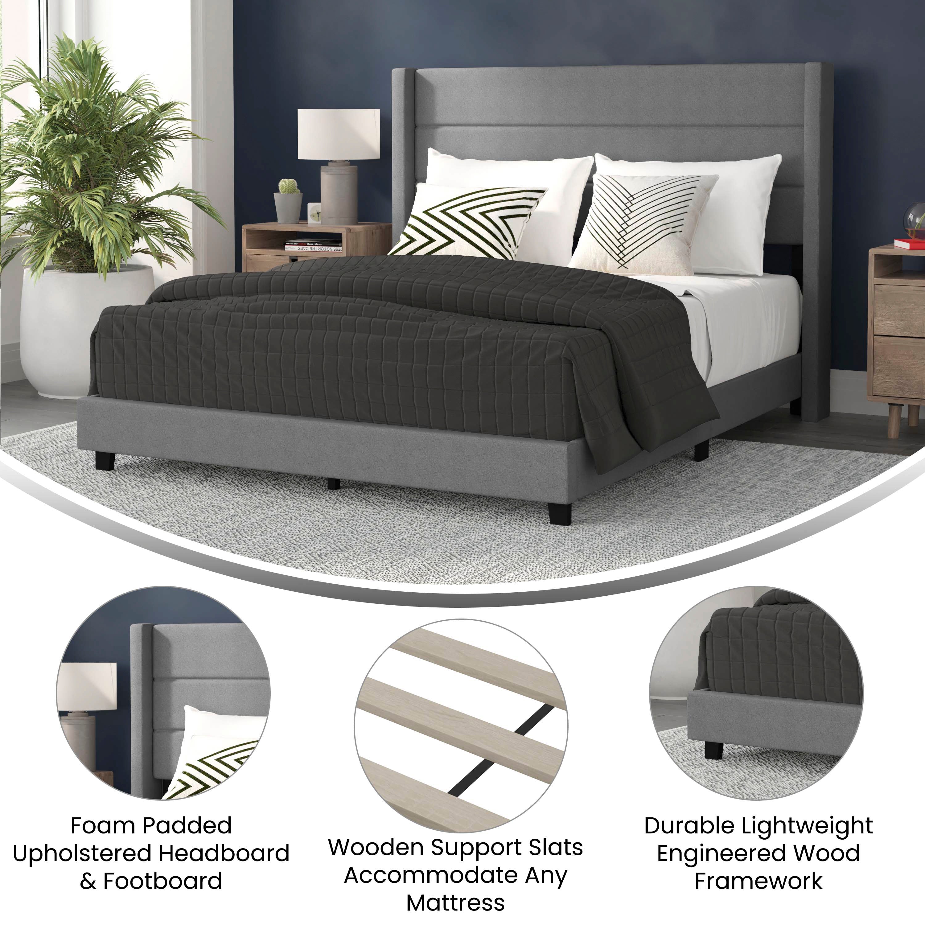 Hollis Queen Upholstered Platform Bed with Wingback Headboard, Mattress Foundation with Slatted Supports, No Box Spring Needed, Gray Faux Linen