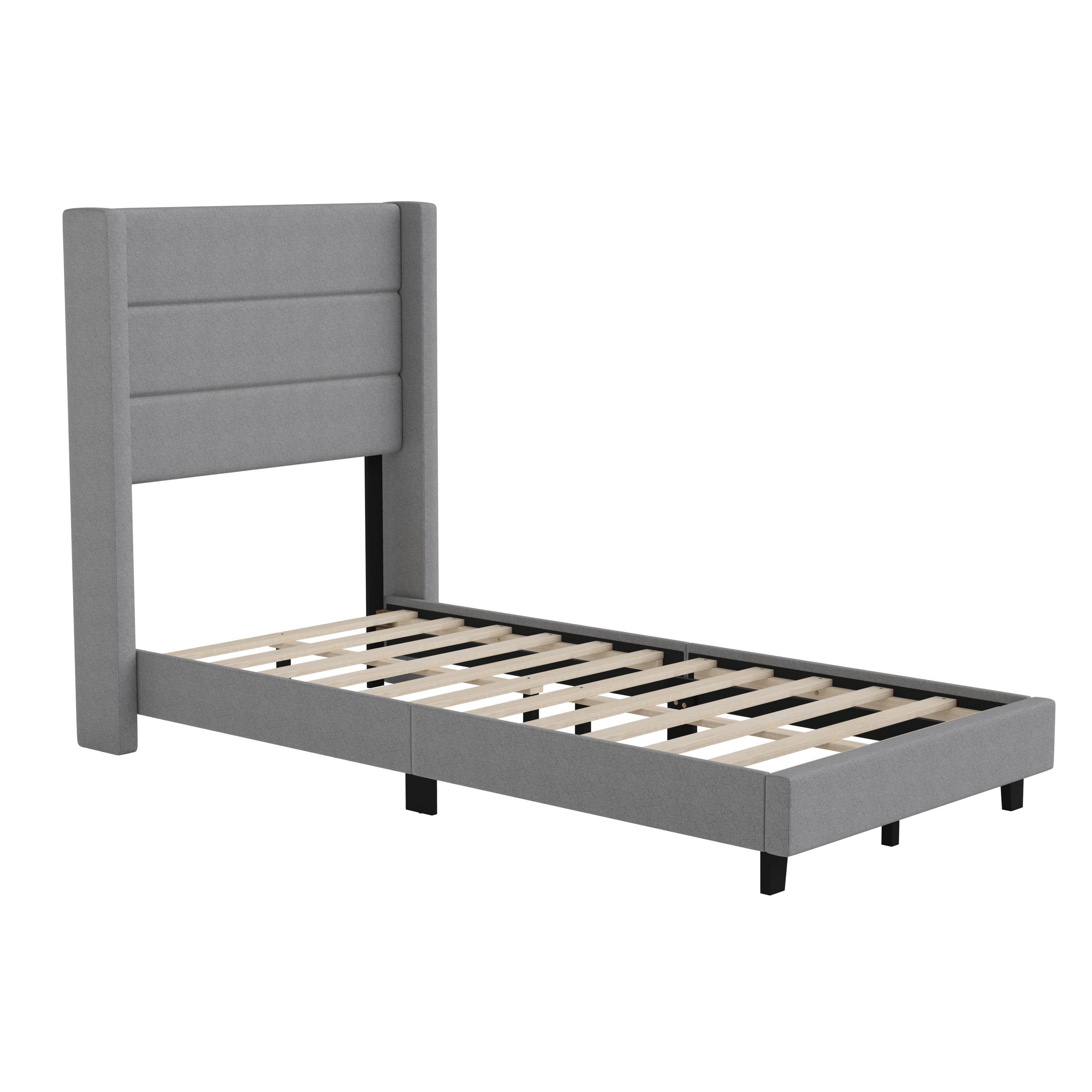 Hollis Twin Upholstered Platform Bed with Wingback Headboard, Mattress Foundation with Slatted Supports, No Box Spring Needed, Gray Faux Linen