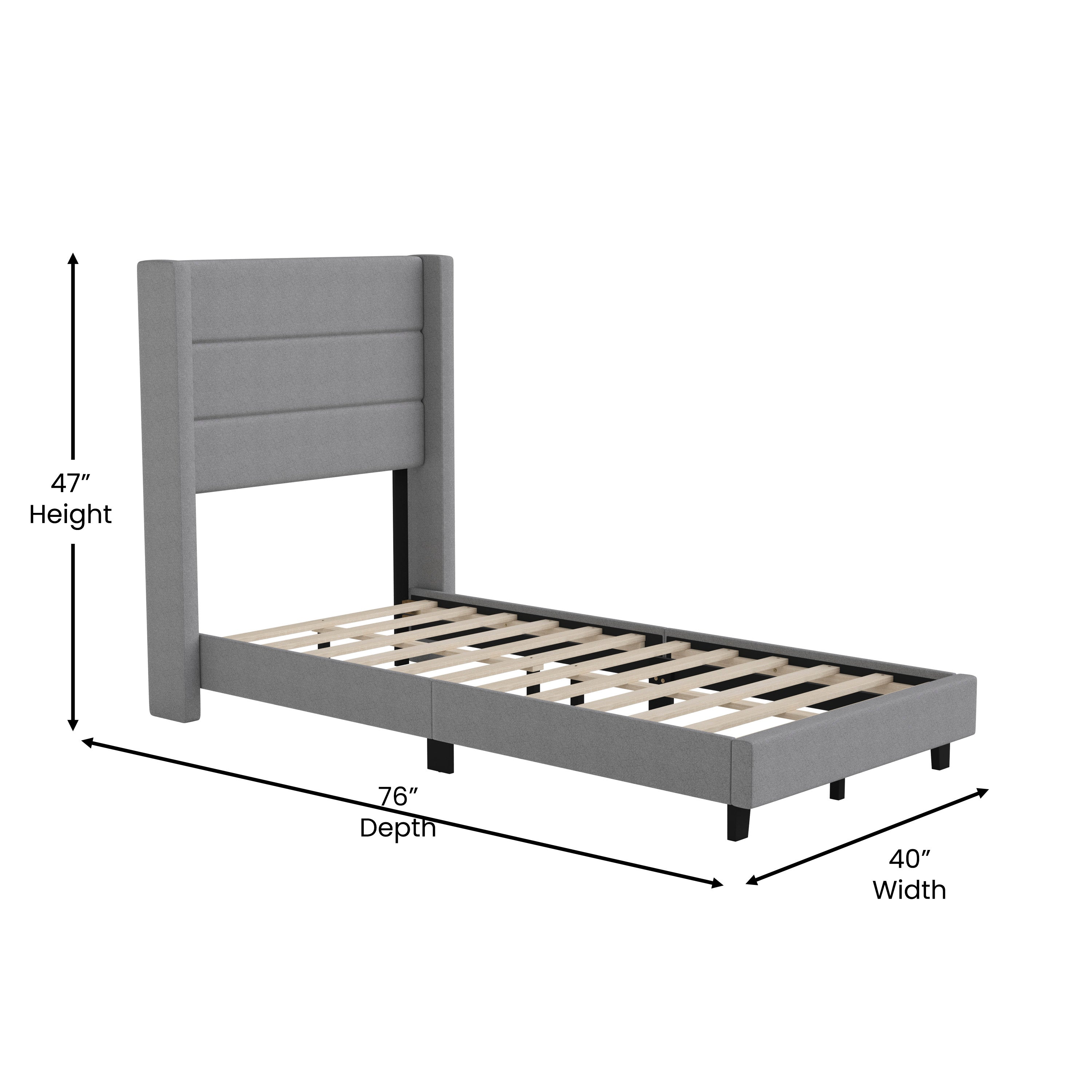Hollis Twin Upholstered Platform Bed with Wingback Headboard, Mattress Foundation with Slatted Supports, No Box Spring Needed, Gray Faux Linen