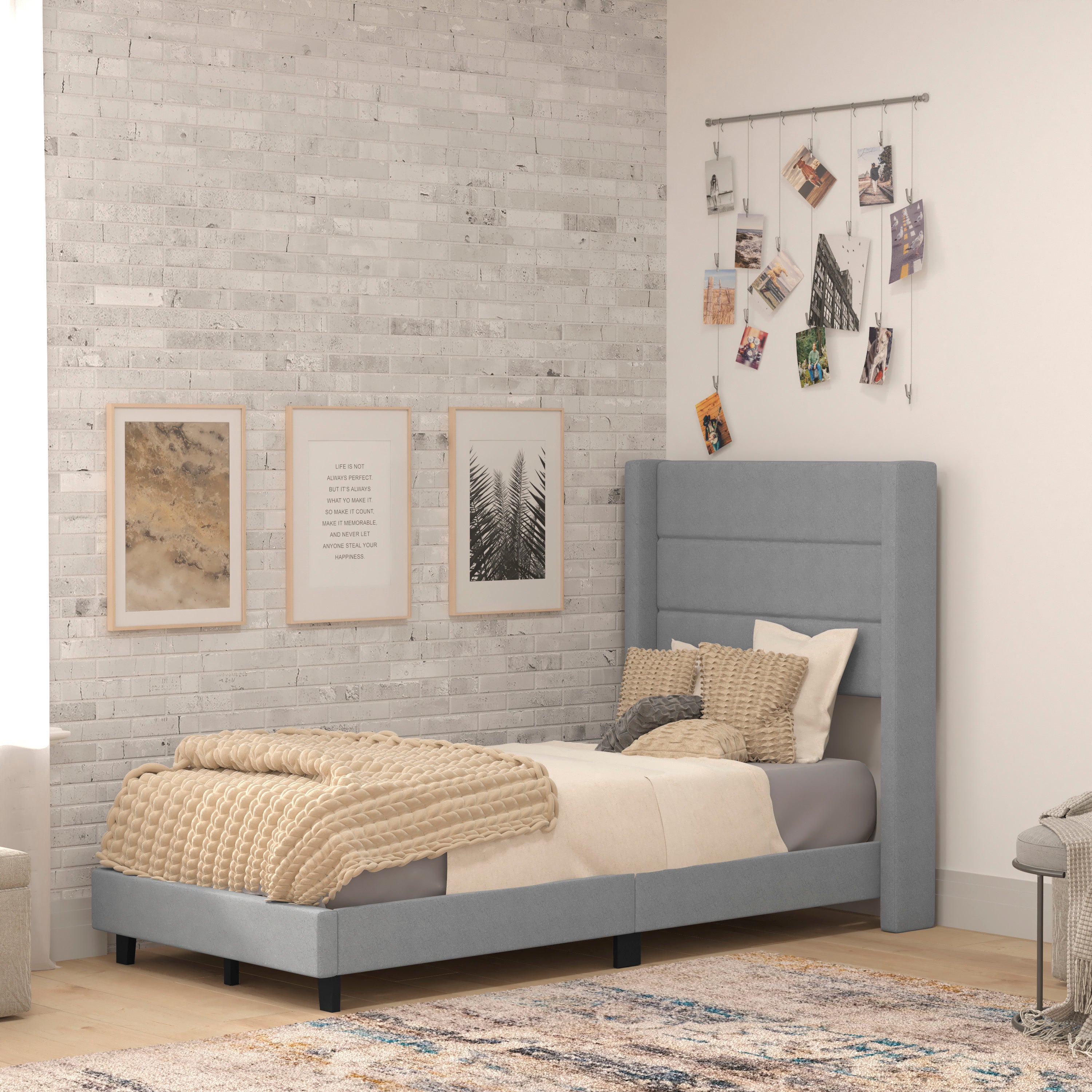 Hollis Twin Upholstered Platform Bed with Wingback Headboard, Mattress Foundation with Slatted Supports, No Box Spring Needed, Gray Faux Linen