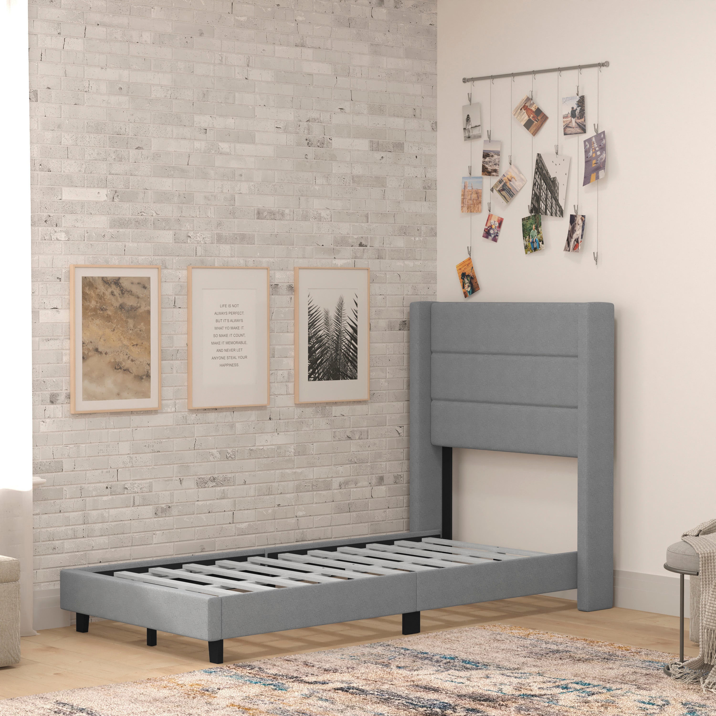 Hollis Twin Upholstered Platform Bed with Wingback Headboard, Mattress Foundation with Slatted Supports, No Box Spring Needed, Gray Faux Linen