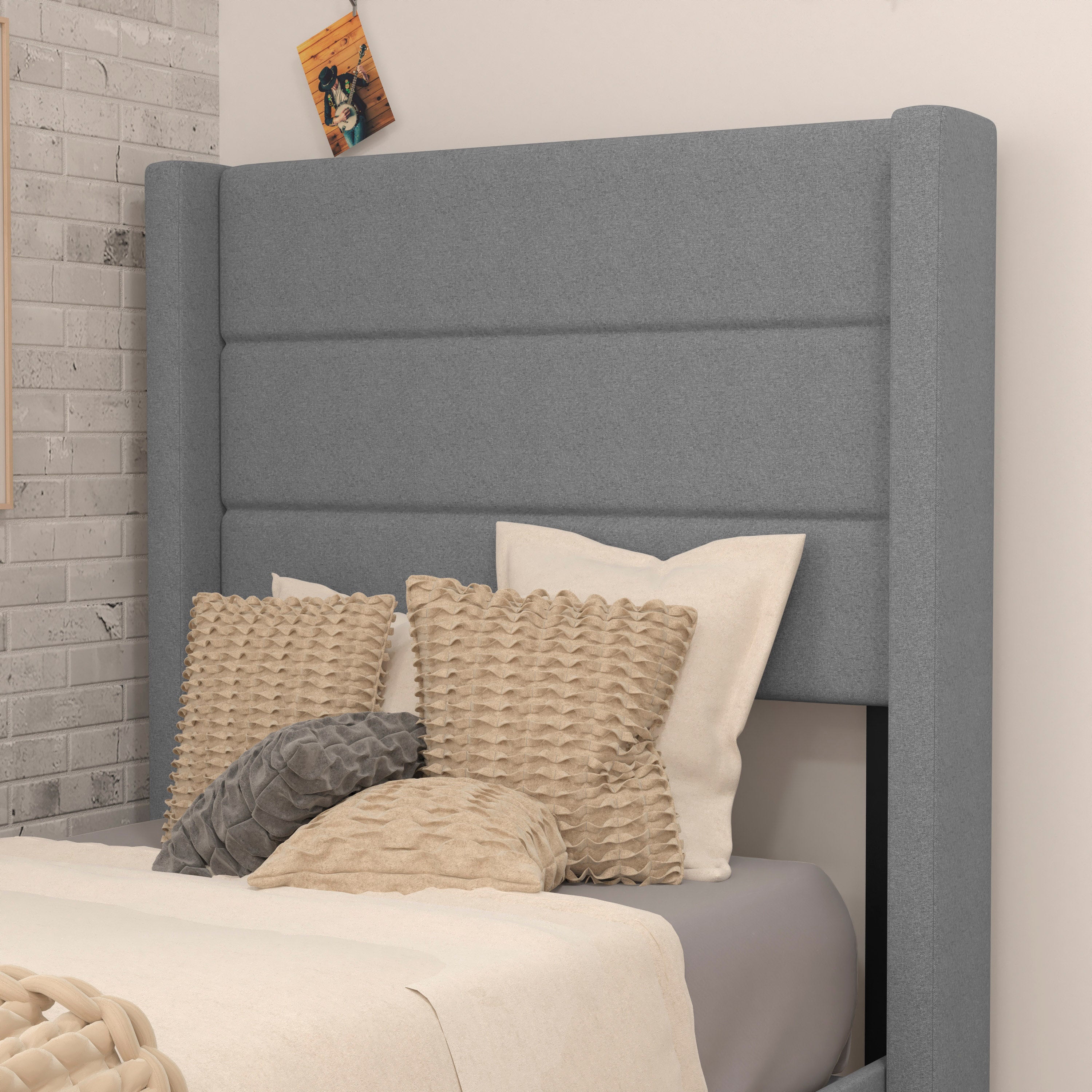 Hollis Twin Upholstered Platform Bed with Wingback Headboard, Mattress Foundation with Slatted Supports, No Box Spring Needed, Gray Faux Linen