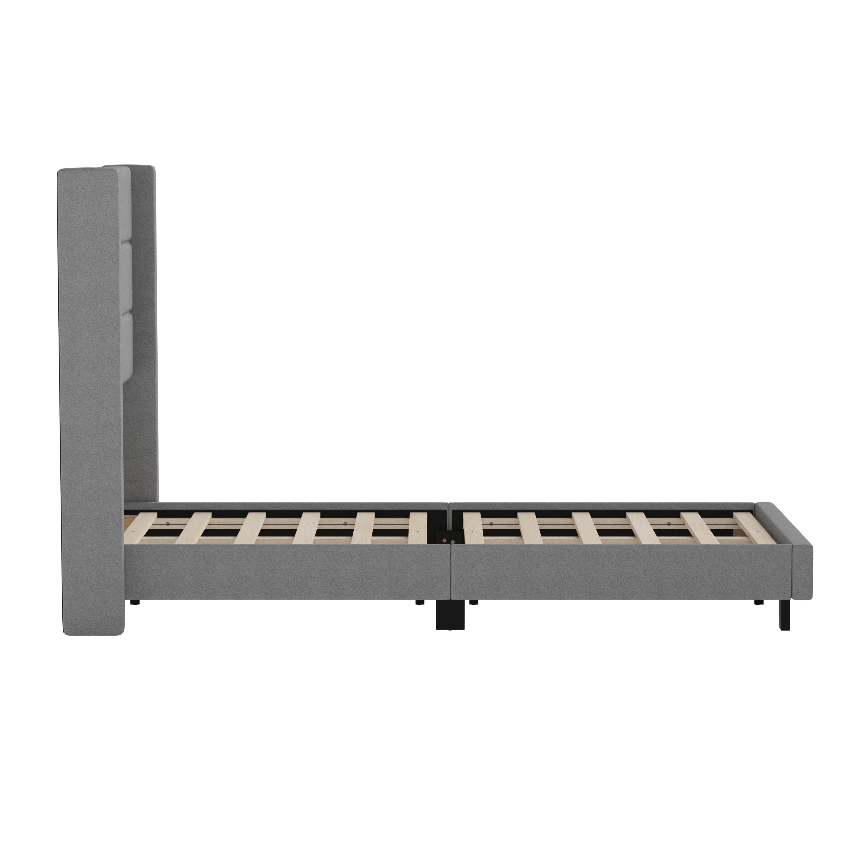 Hollis Twin Upholstered Platform Bed with Wingback Headboard, Mattress Foundation with Slatted Supports, No Box Spring Needed, Gray Faux Linen