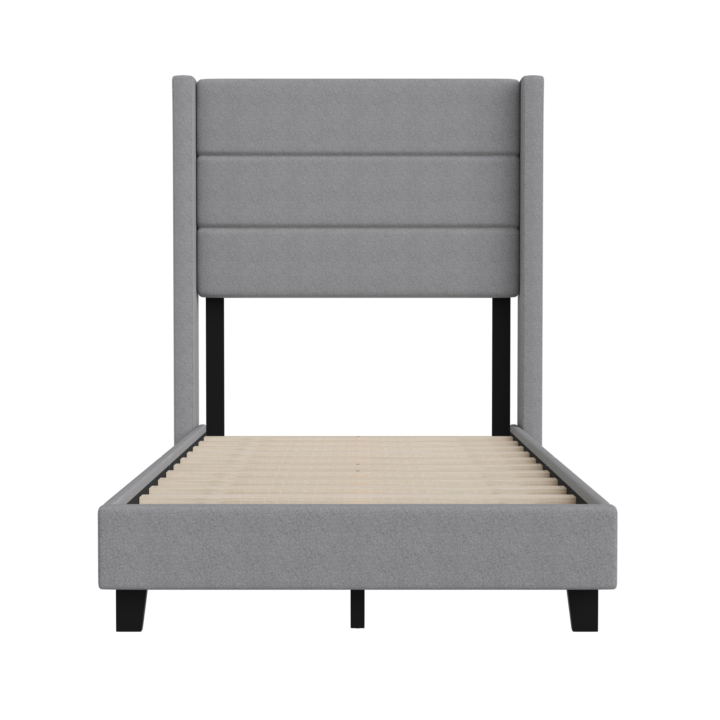Hollis Twin Upholstered Platform Bed with Wingback Headboard, Mattress Foundation with Slatted Supports, No Box Spring Needed, Gray Faux Linen