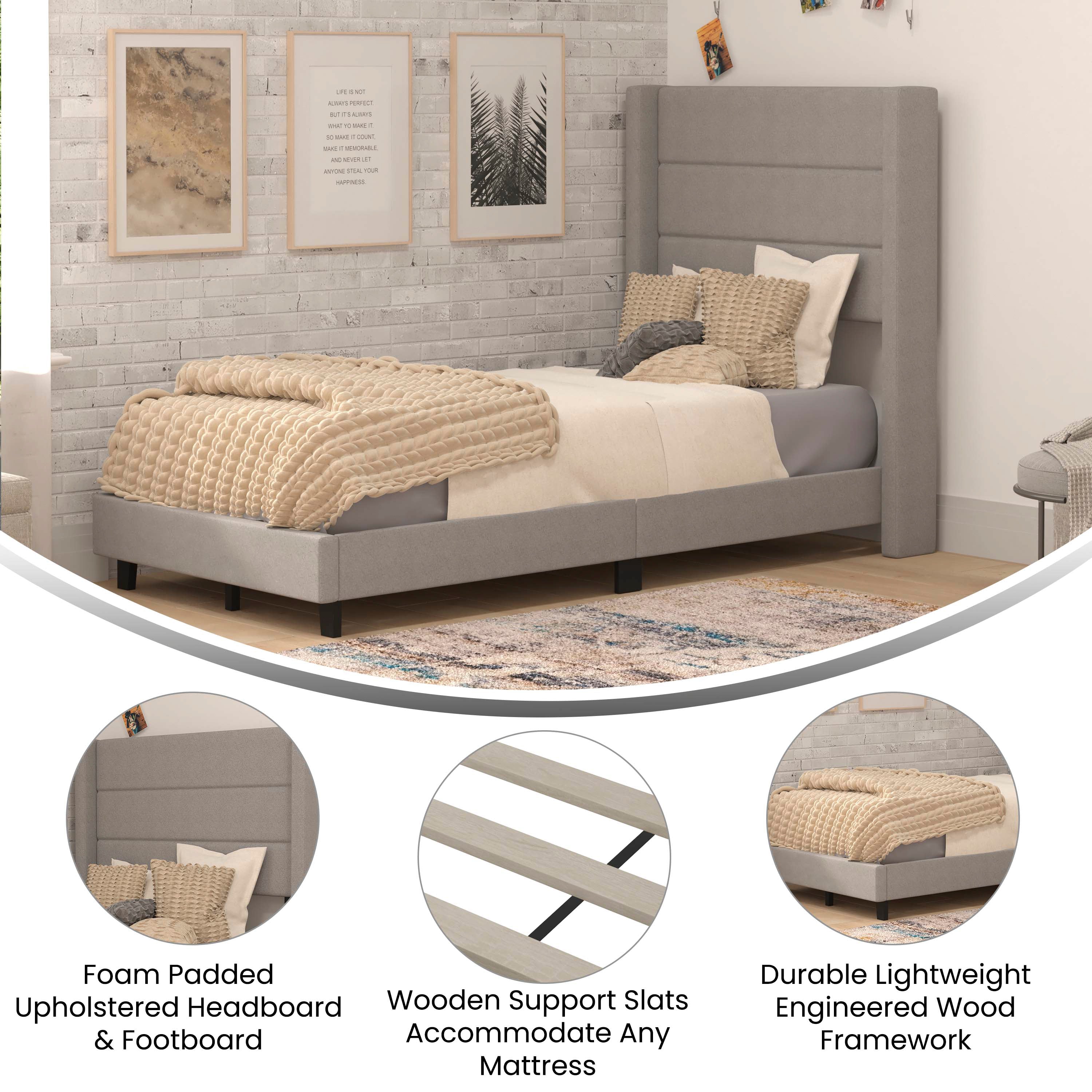 Hollis Twin Upholstered Platform Bed with Wingback Headboard, Mattress Foundation with Slatted Supports, No Box Spring Needed, Gray Faux Linen