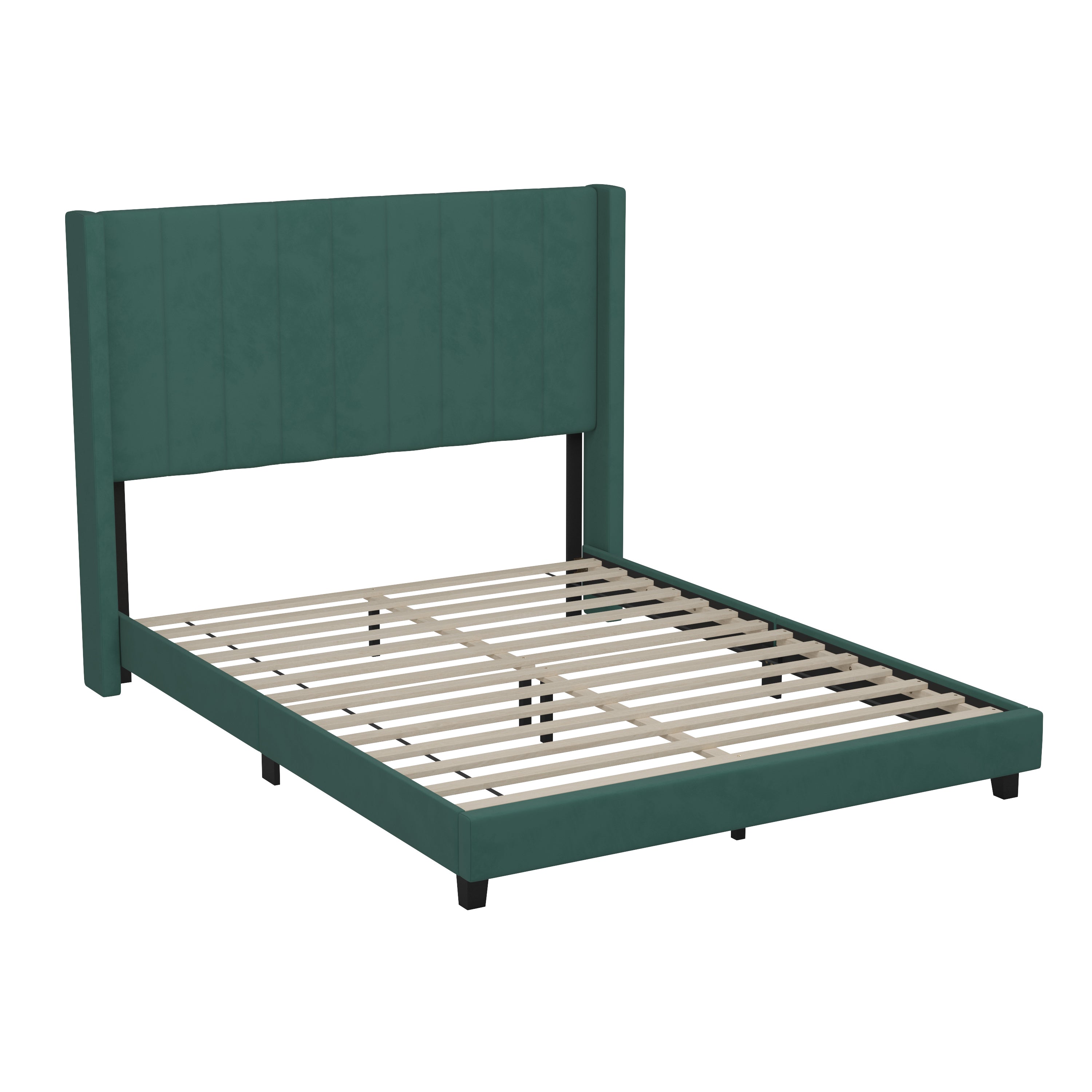 Bianca Queen Upholstered Platform Bed with Vertical Stitched Wingback Headboard, Slatted Mattress Foundation, No Box Spring Needed, Emerald Velvet