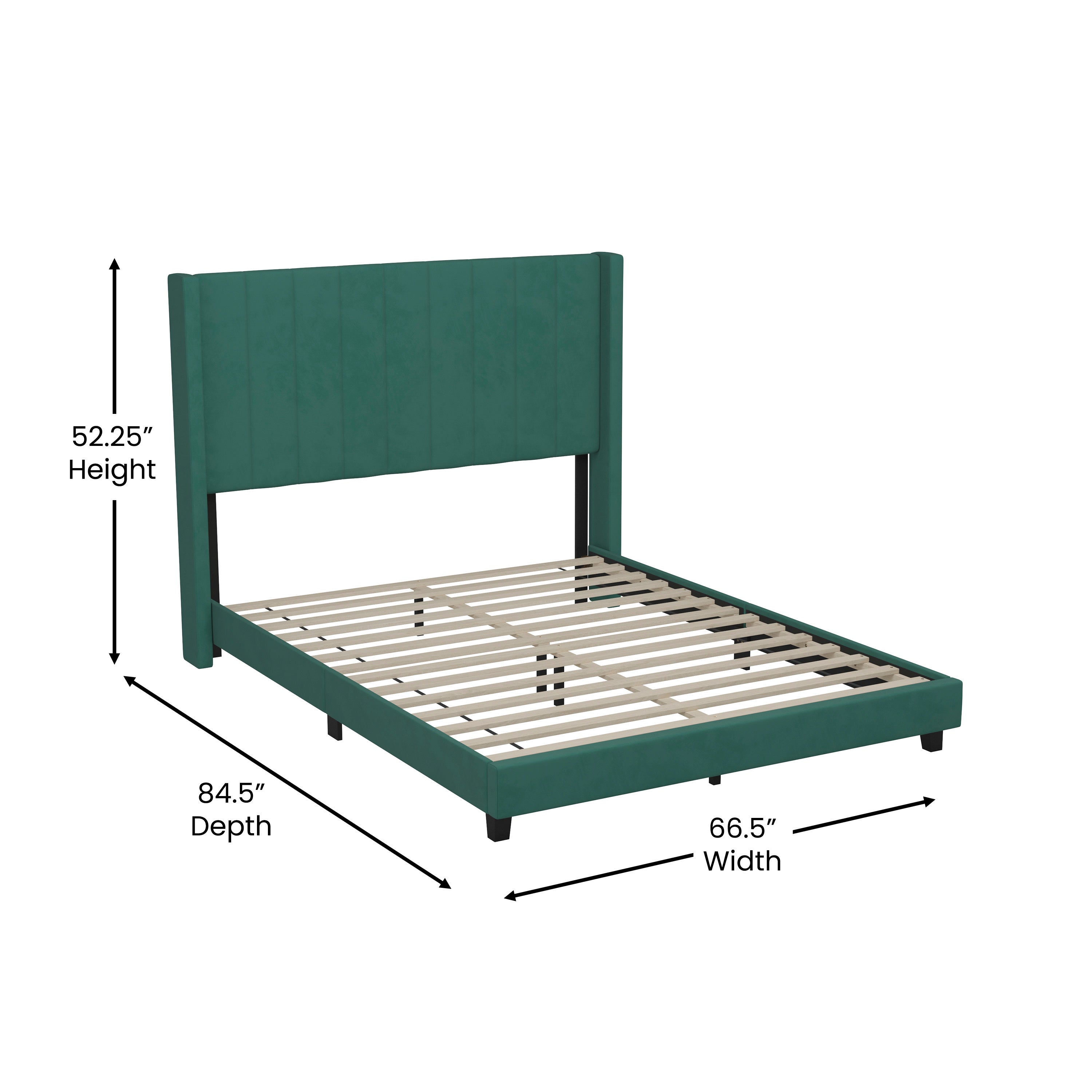 Bianca Queen Upholstered Platform Bed with Vertical Stitched Wingback Headboard, Slatted Mattress Foundation, No Box Spring Needed, Emerald Velvet