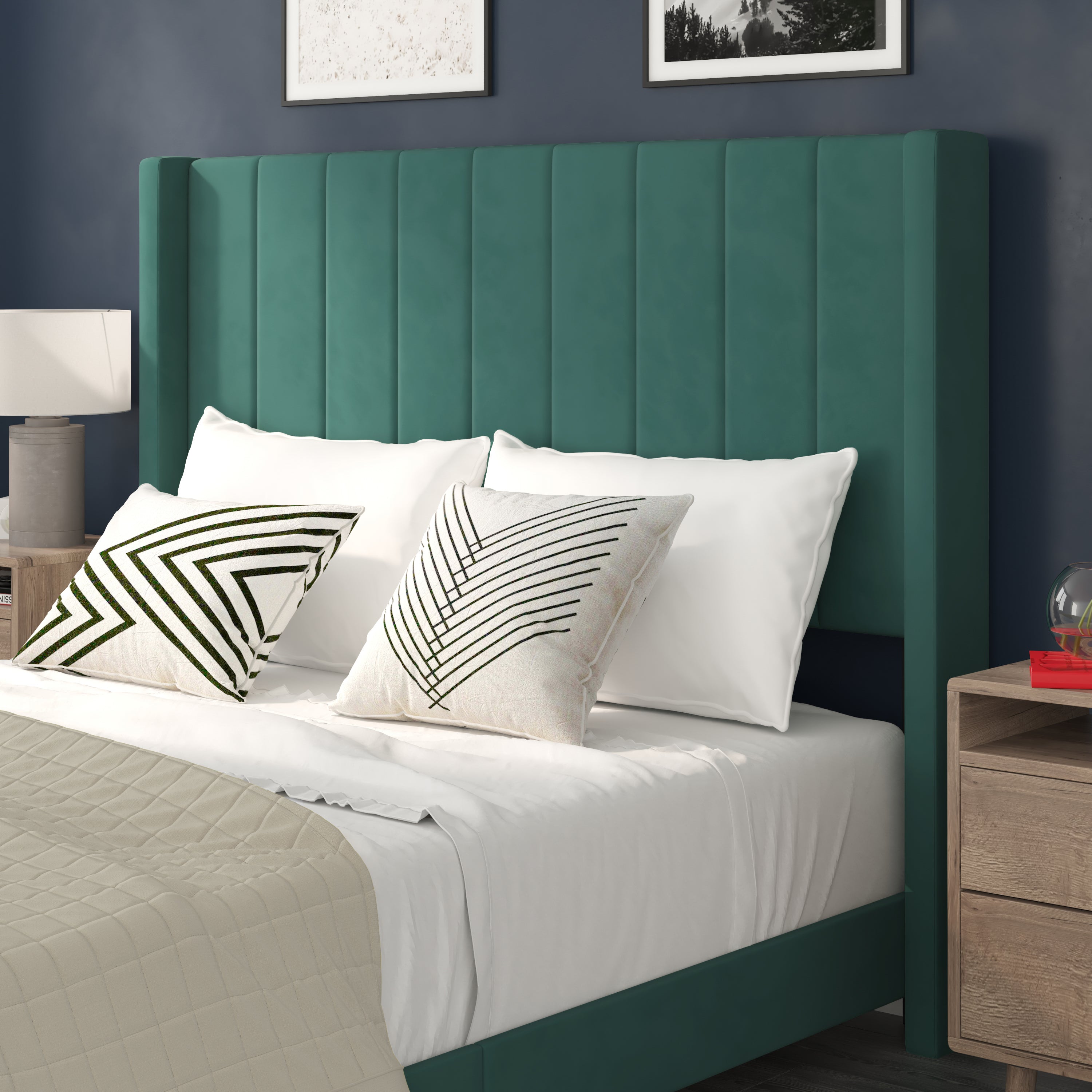 Bianca Queen Upholstered Platform Bed with Vertical Stitched Wingback Headboard, Slatted Mattress Foundation, No Box Spring Needed, Emerald Velvet