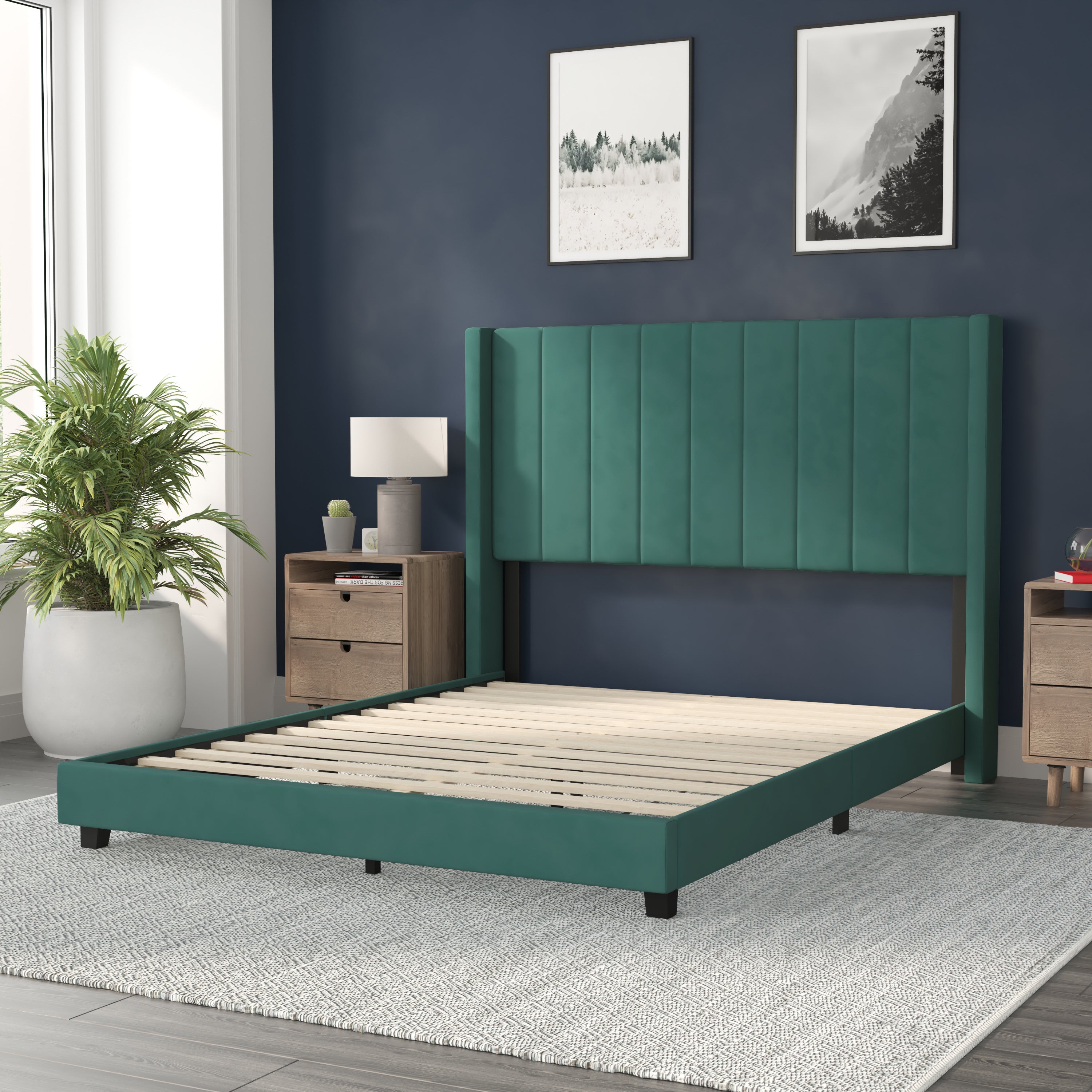 Bianca Queen Upholstered Platform Bed with Vertical Stitched Wingback Headboard, Slatted Mattress Foundation, No Box Spring Needed, Emerald Velvet