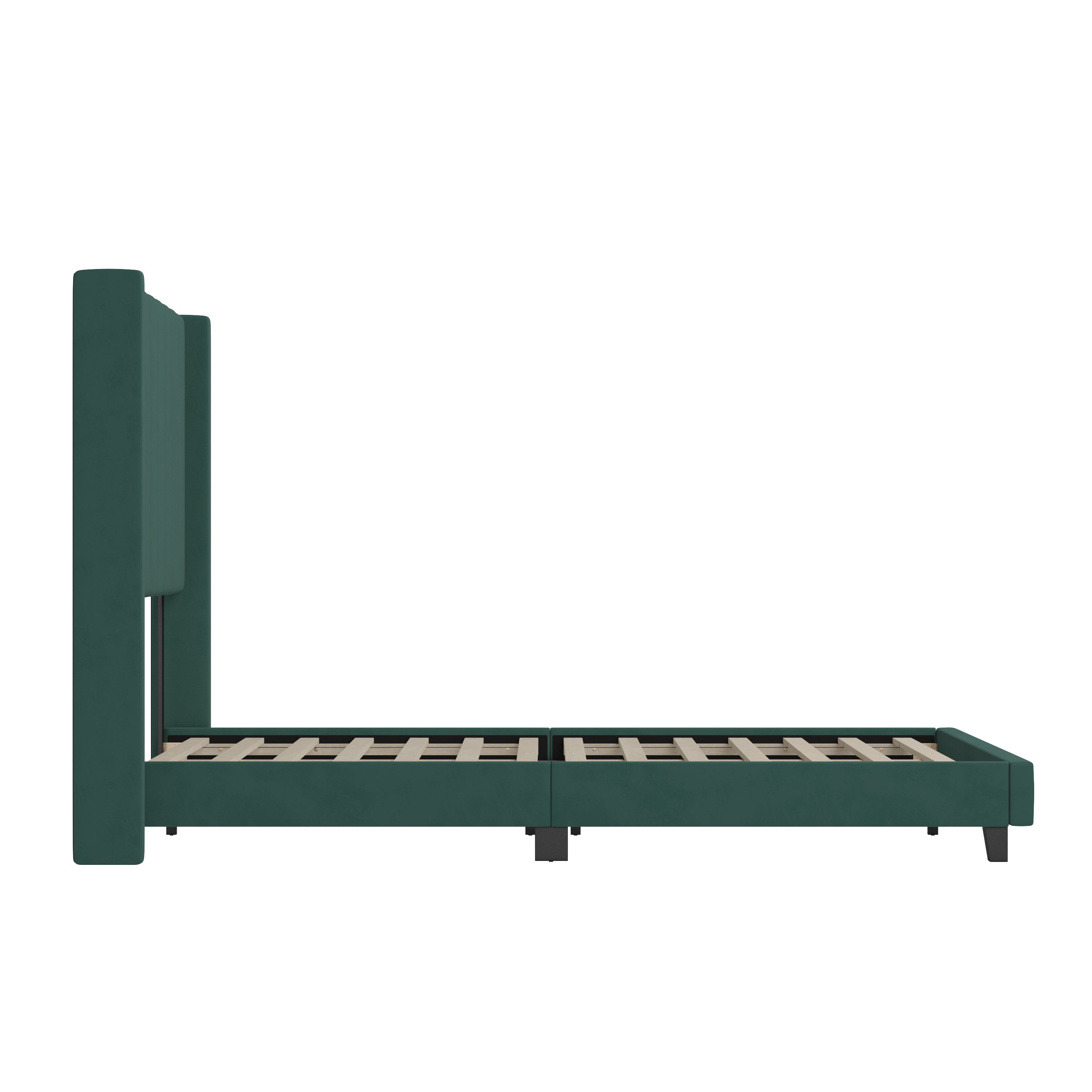 Bianca Queen Upholstered Platform Bed with Vertical Stitched Wingback Headboard, Slatted Mattress Foundation, No Box Spring Needed, Emerald Velvet