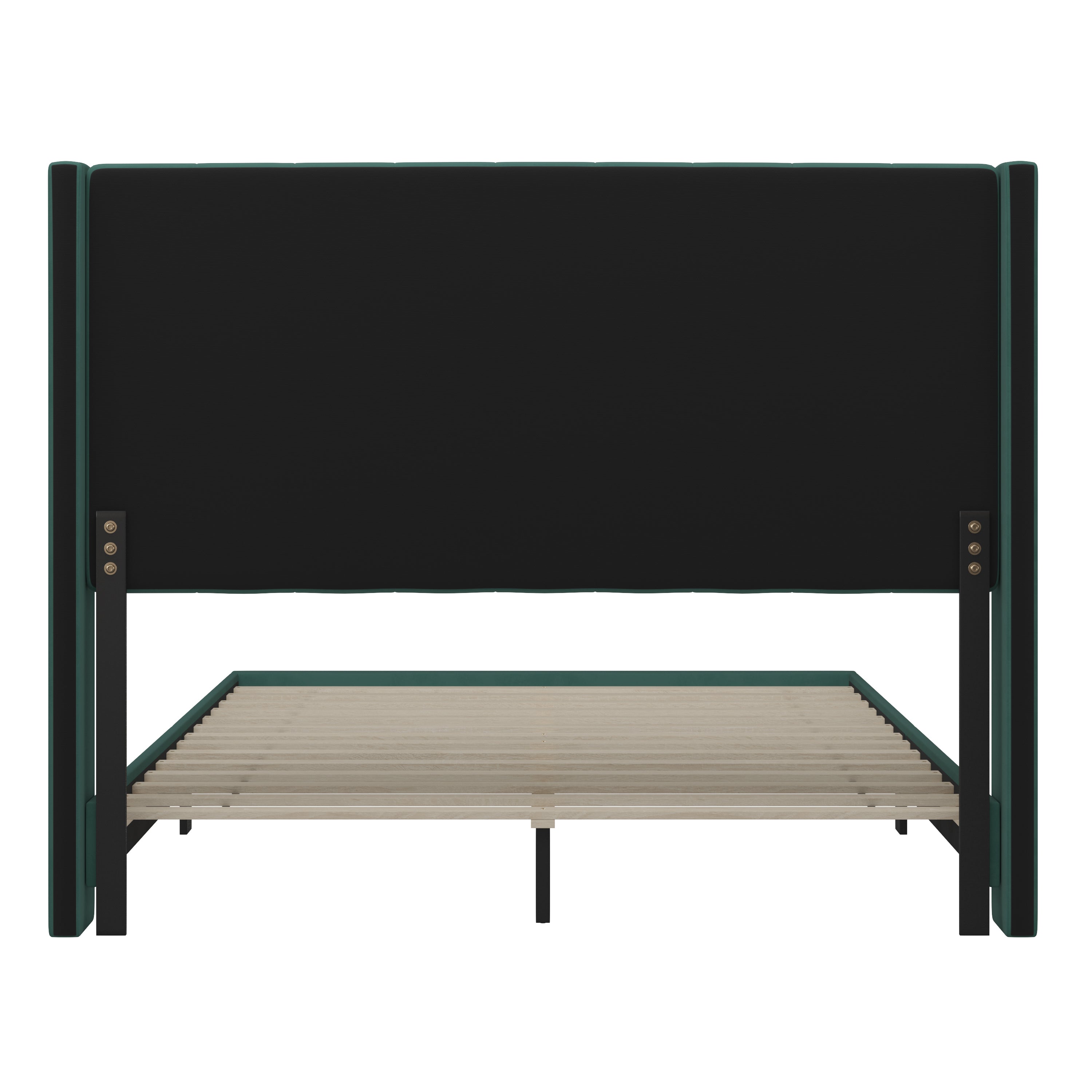 Bianca Queen Upholstered Platform Bed with Vertical Stitched Wingback Headboard, Slatted Mattress Foundation, No Box Spring Needed, Emerald Velvet