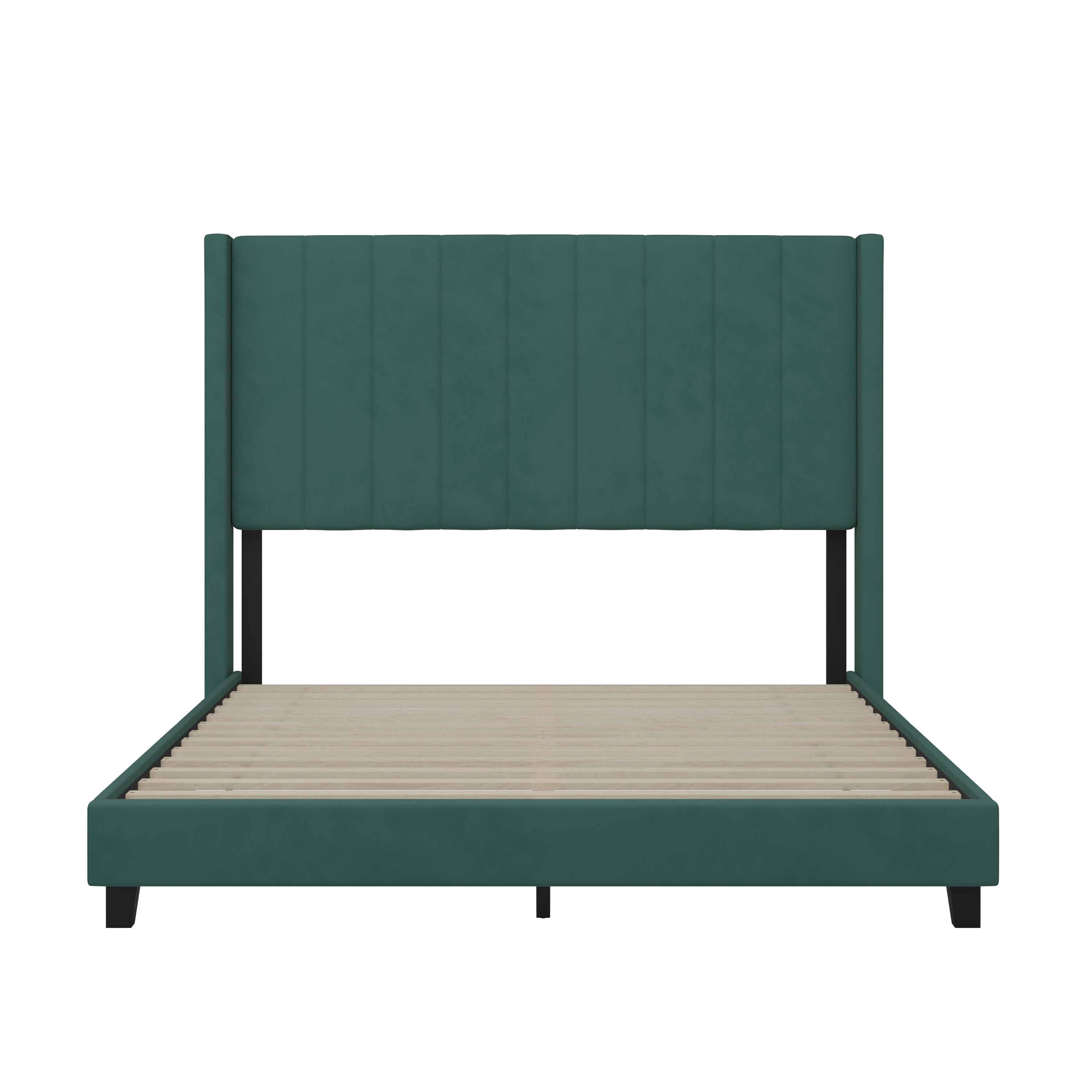 Bianca Queen Upholstered Platform Bed with Vertical Stitched Wingback Headboard, Slatted Mattress Foundation, No Box Spring Needed, Emerald Velvet