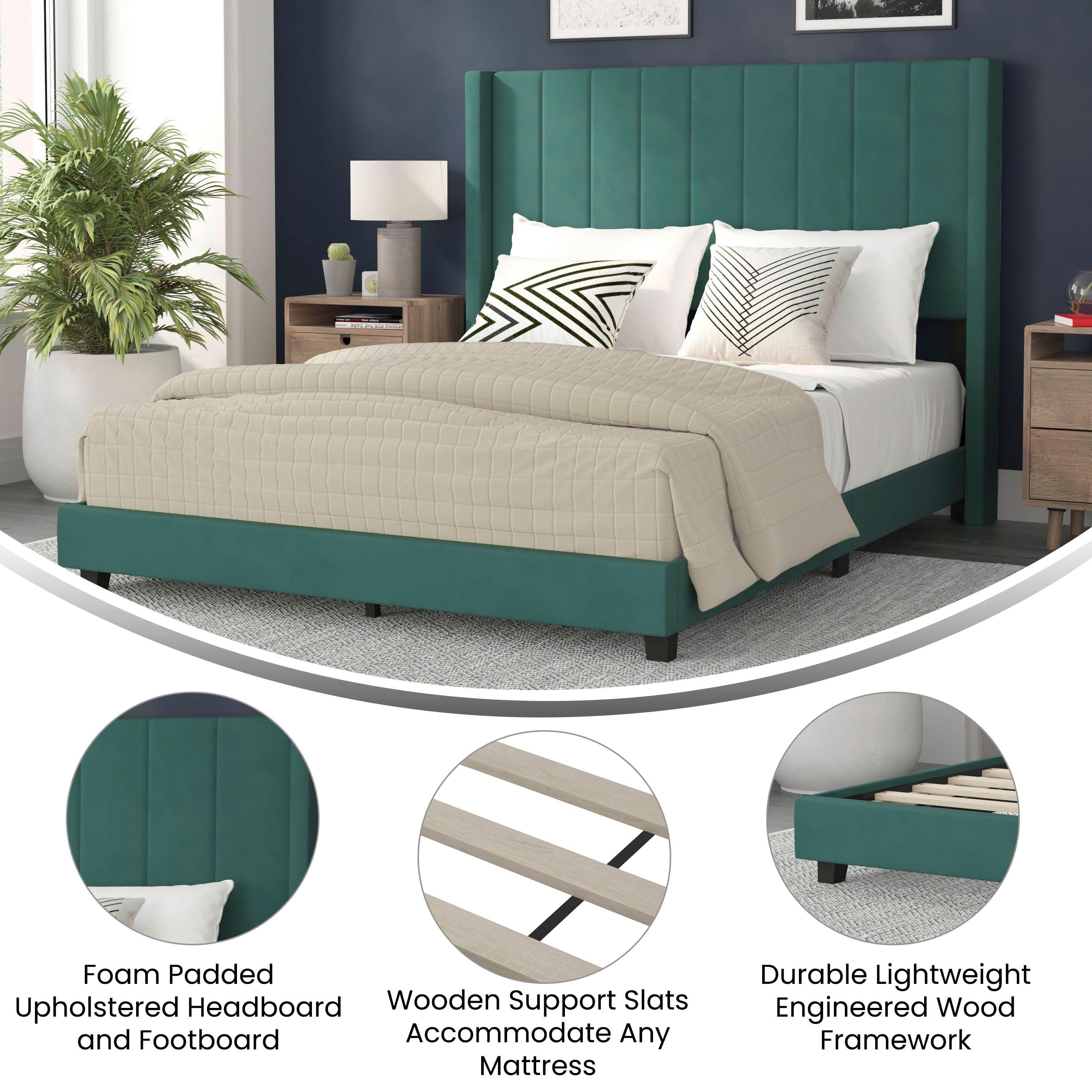Bianca Queen Upholstered Platform Bed with Vertical Stitched Wingback Headboard, Slatted Mattress Foundation, No Box Spring Needed, Emerald Velvet