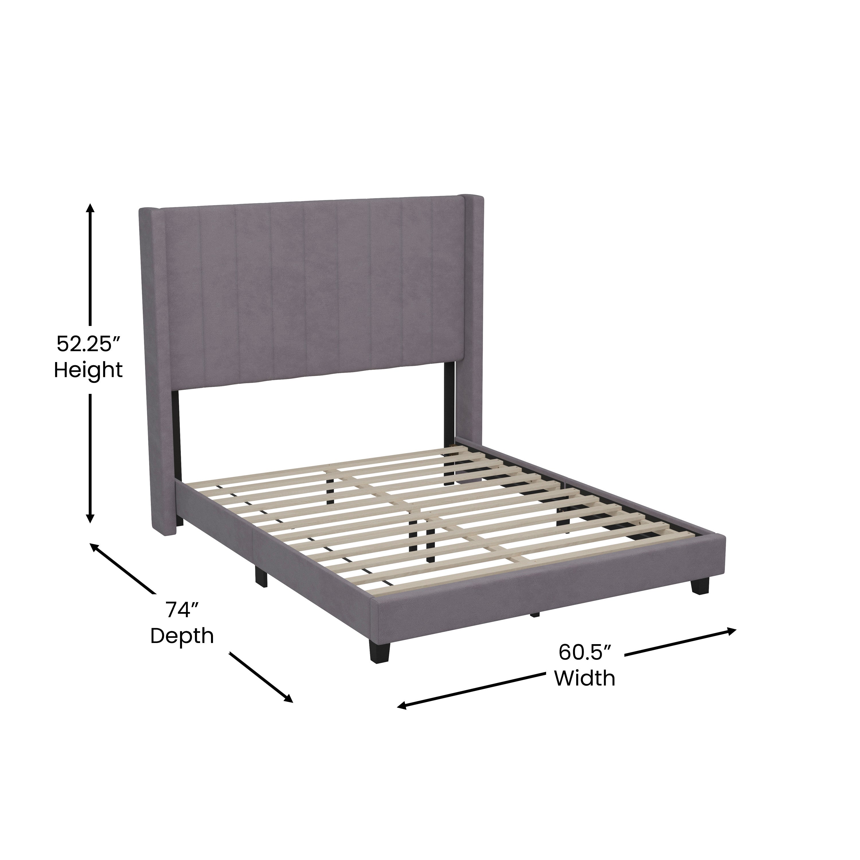 Bianca Full Upholstered Platform Bed with Vertical Stitched Wingback Headboard, Slatted Mattress Foundation, No Box Spring Needed, Gray Velvet