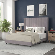 Bianca Full Upholstered Platform Bed with Vertical Stitched Wingback Headboard, Slatted Mattress Foundation, No Box Spring Needed, Gray Velvet