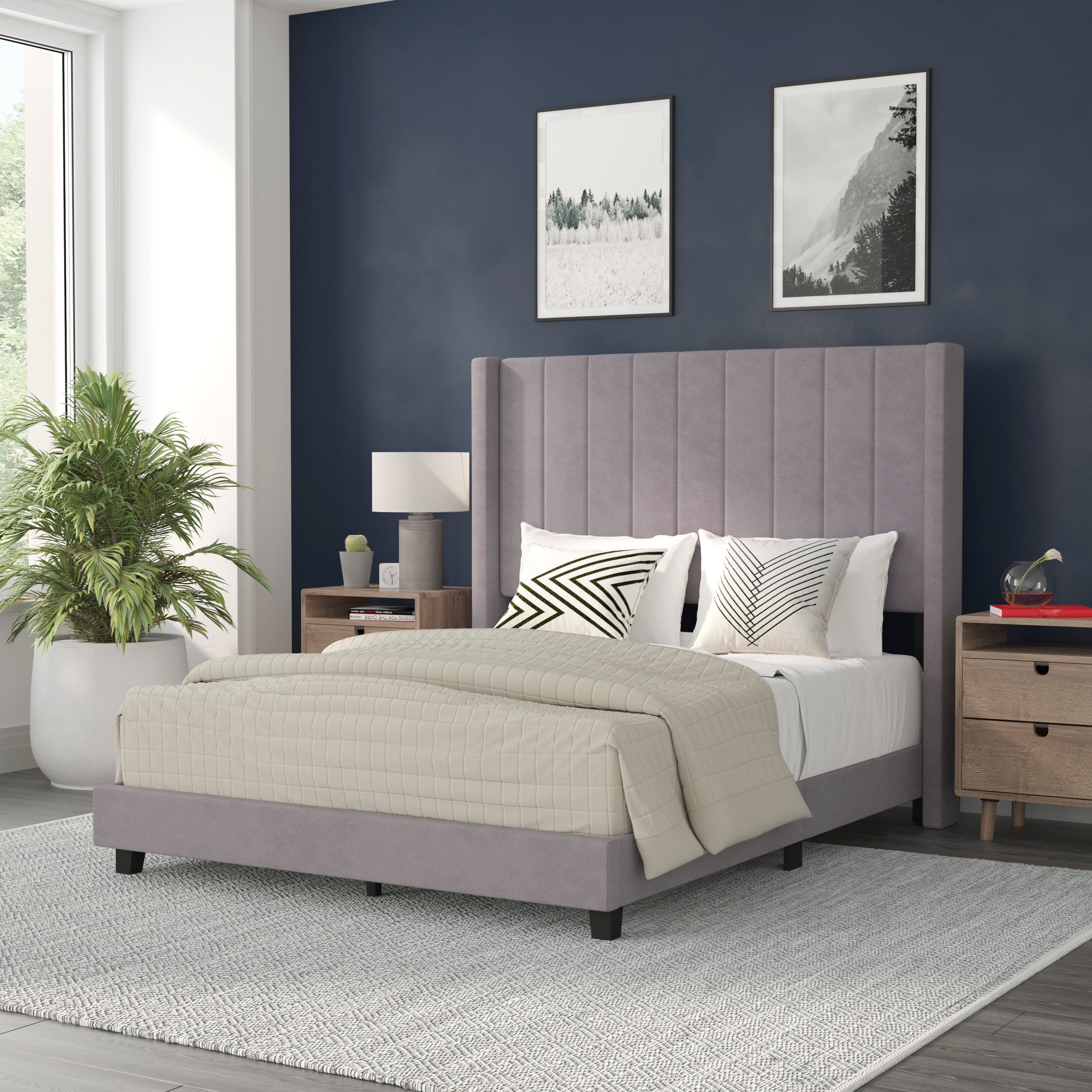 Bianca Full Upholstered Platform Bed with Vertical Stitched Wingback Headboard, Slatted Mattress Foundation, No Box Spring Needed, Gray Velvet