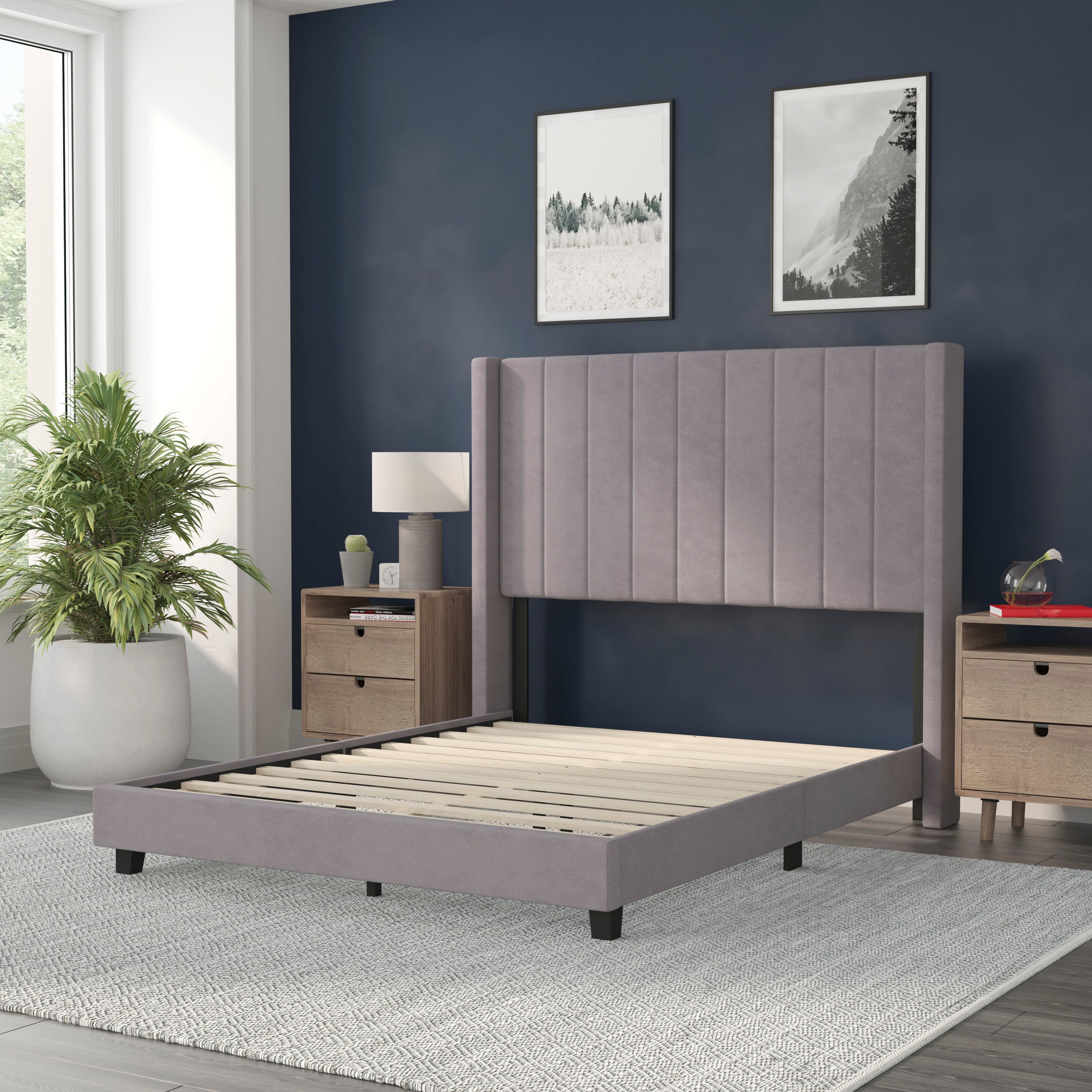 Bianca Full Upholstered Platform Bed with Vertical Stitched Wingback Headboard, Slatted Mattress Foundation, No Box Spring Needed, Gray Velvet