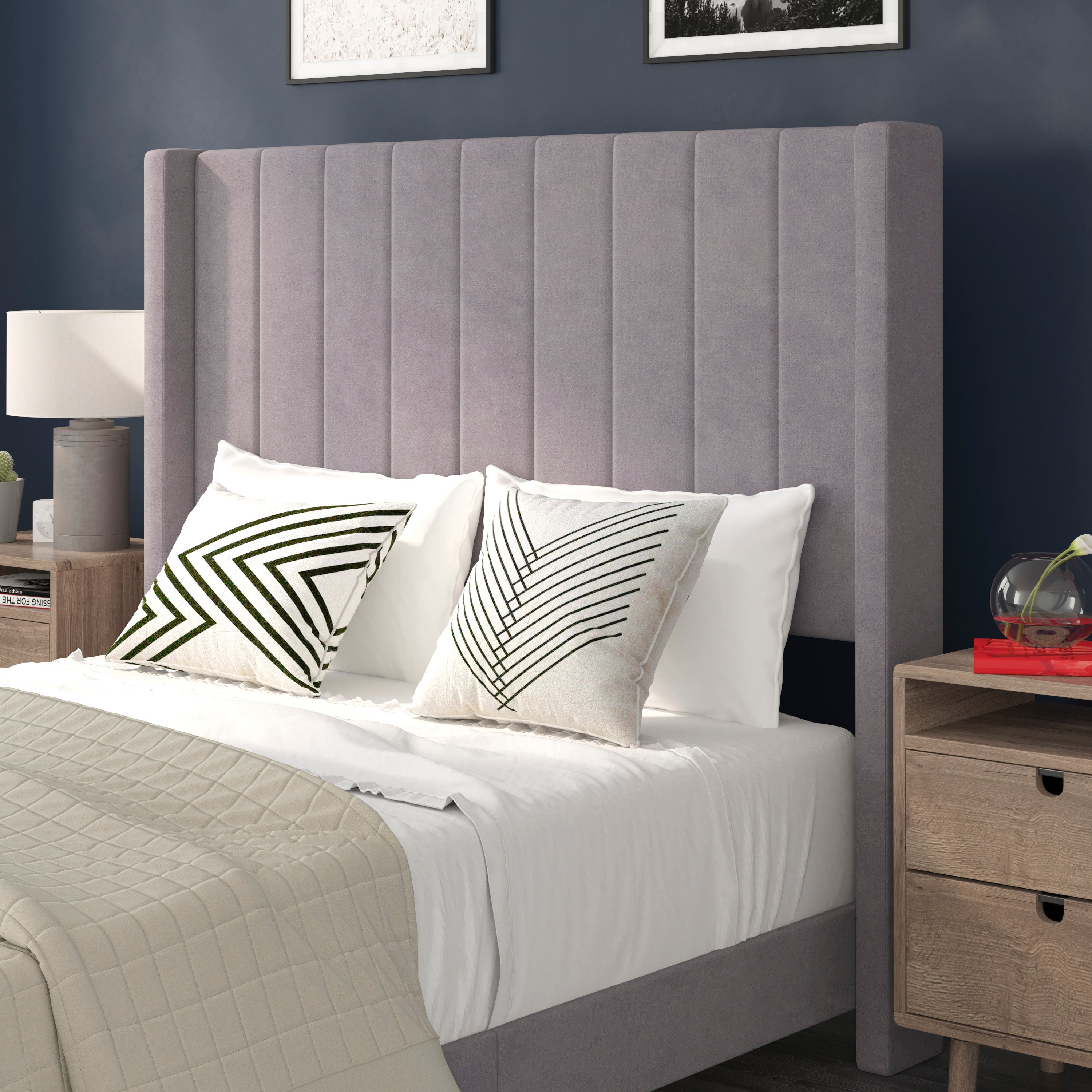 Bianca Full Upholstered Platform Bed with Vertical Stitched Wingback Headboard, Slatted Mattress Foundation, No Box Spring Needed, Gray Velvet