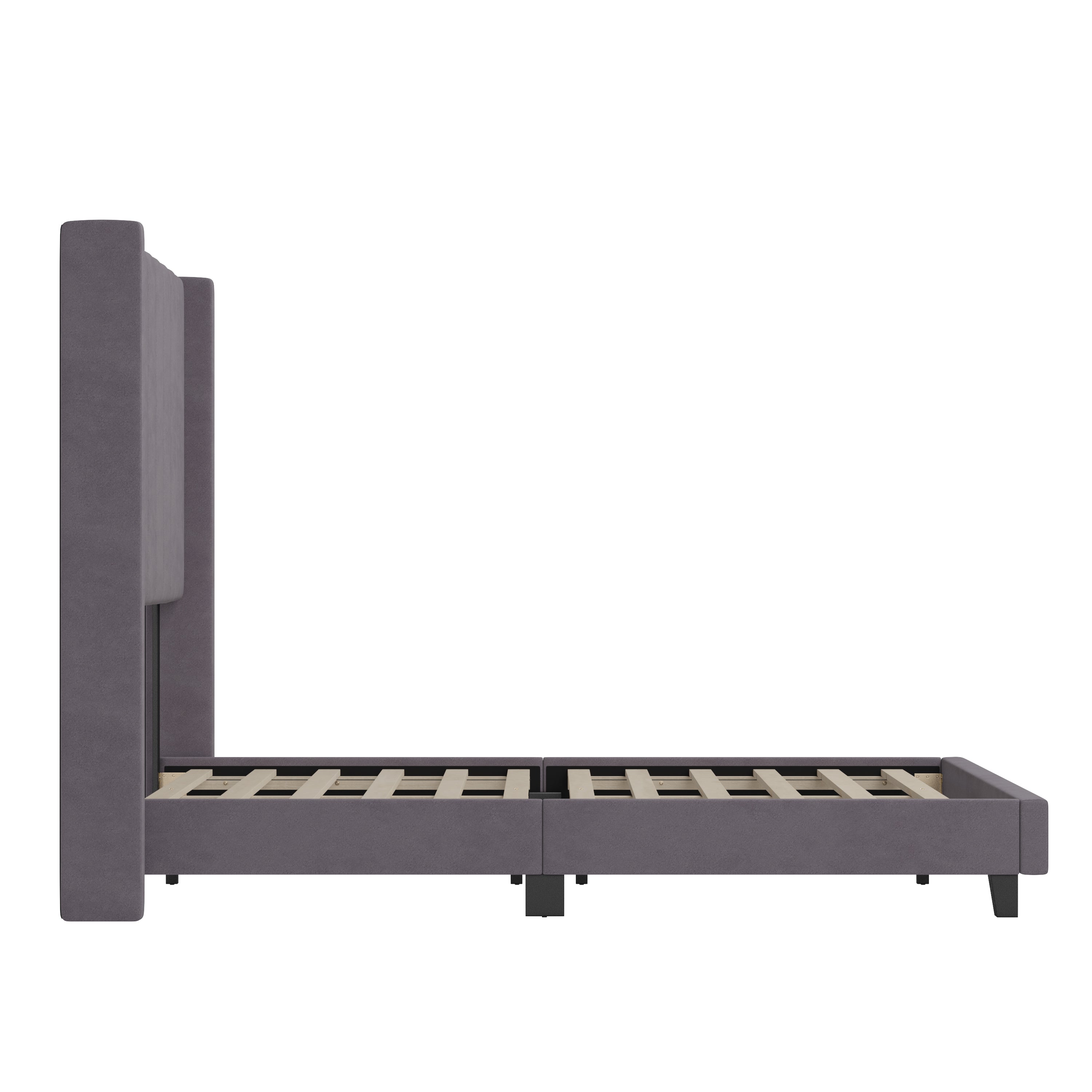 Bianca Full Upholstered Platform Bed with Vertical Stitched Wingback Headboard, Slatted Mattress Foundation, No Box Spring Needed, Gray Velvet
