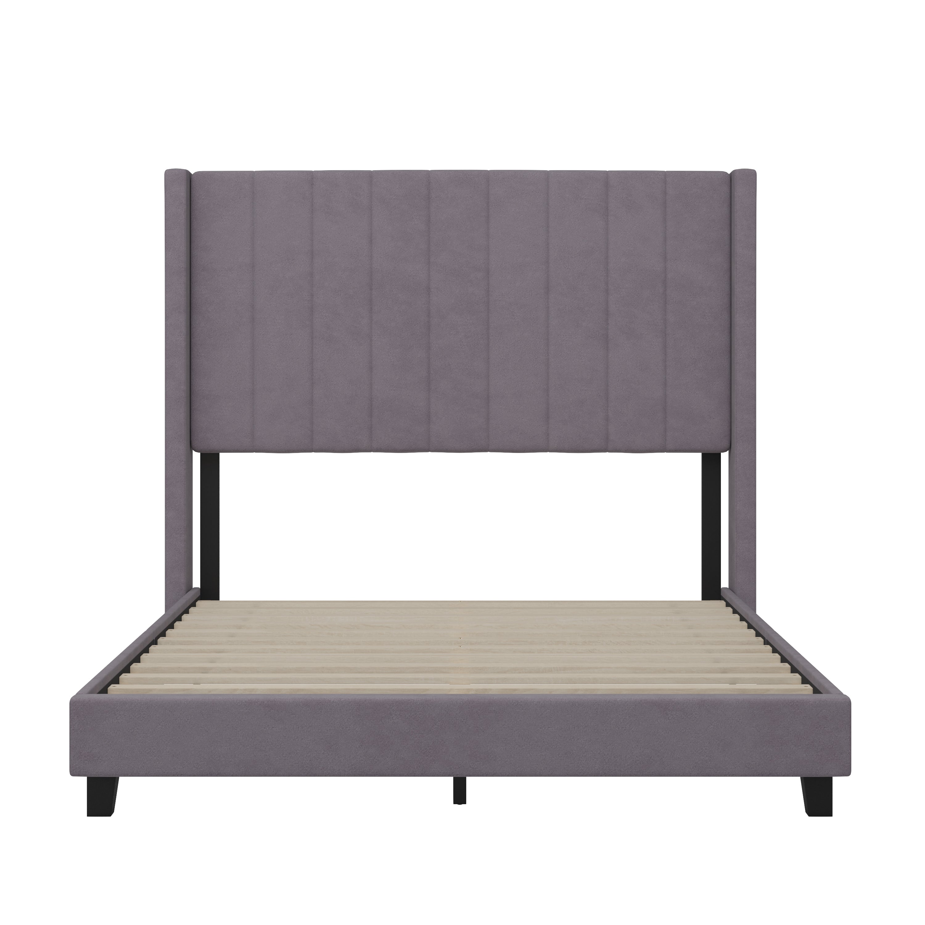 Bianca Full Upholstered Platform Bed with Vertical Stitched Wingback Headboard, Slatted Mattress Foundation, No Box Spring Needed, Gray Velvet
