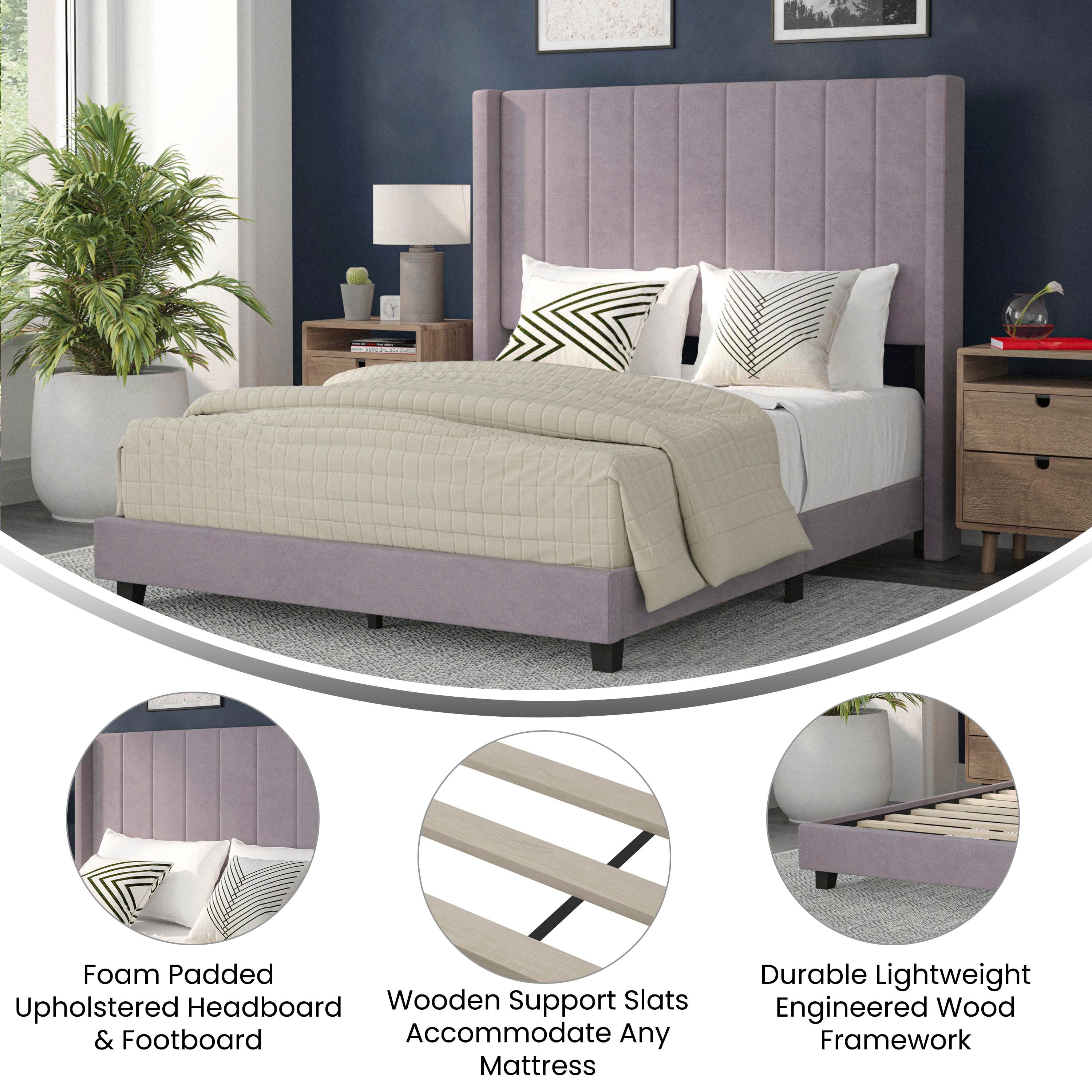 Bianca Full Upholstered Platform Bed with Vertical Stitched Wingback Headboard, Slatted Mattress Foundation, No Box Spring Needed, Gray Velvet