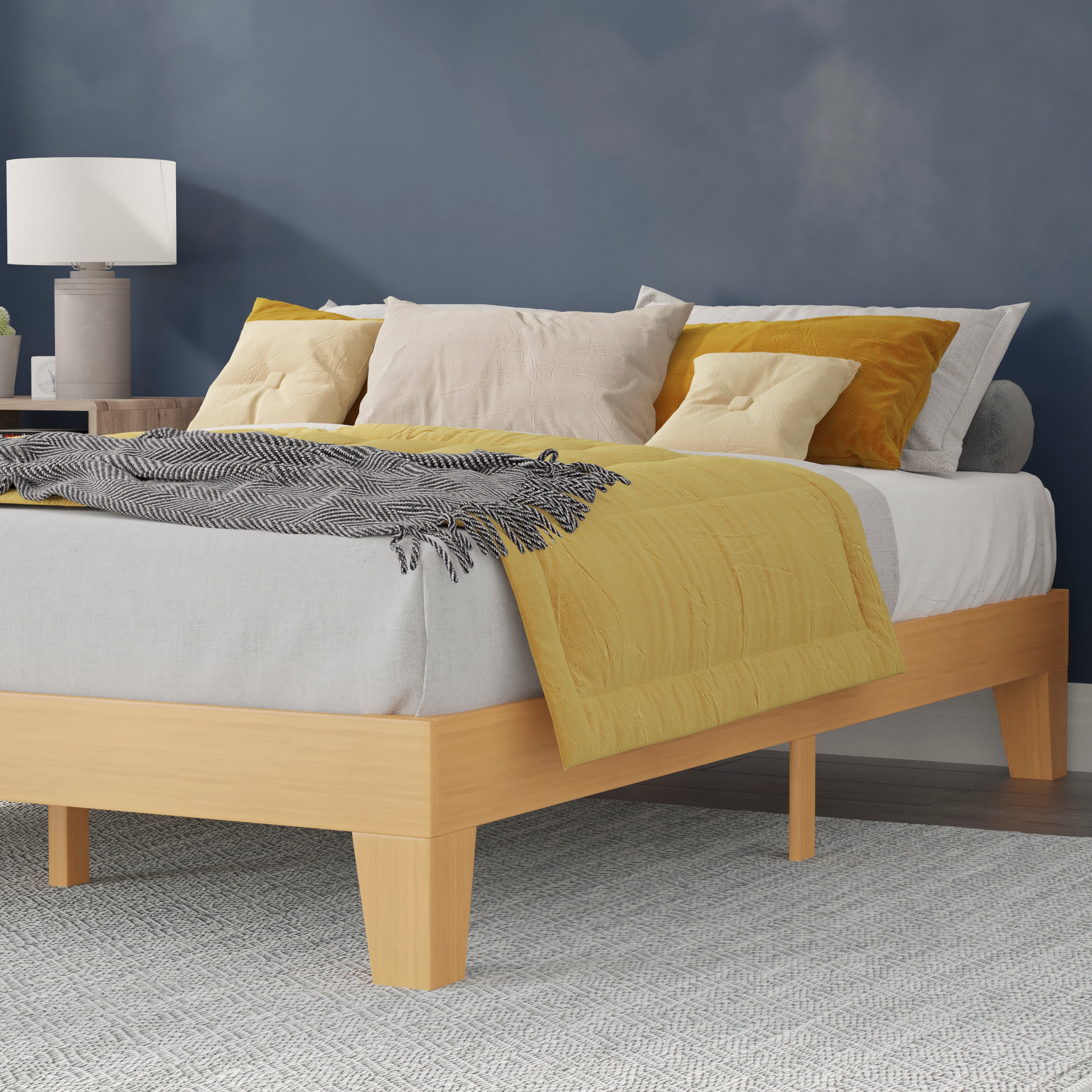 Evelyn Natural Pine Finish Wood Full Platform Bed with Wooden Support Slats, No Box Spring Required