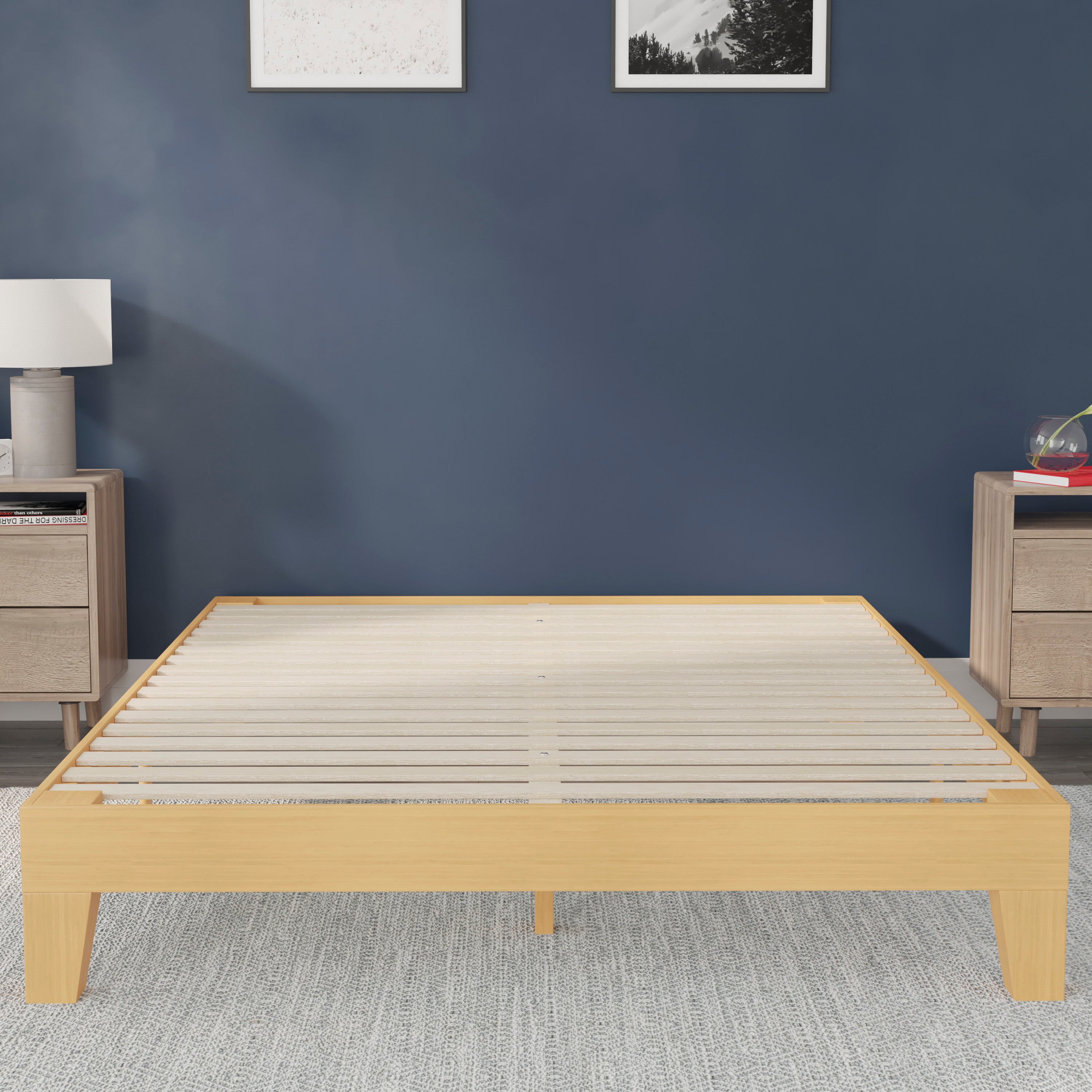 Evelyn Natural Pine Finish Wood Full Platform Bed with Wooden Support Slats, No Box Spring Required