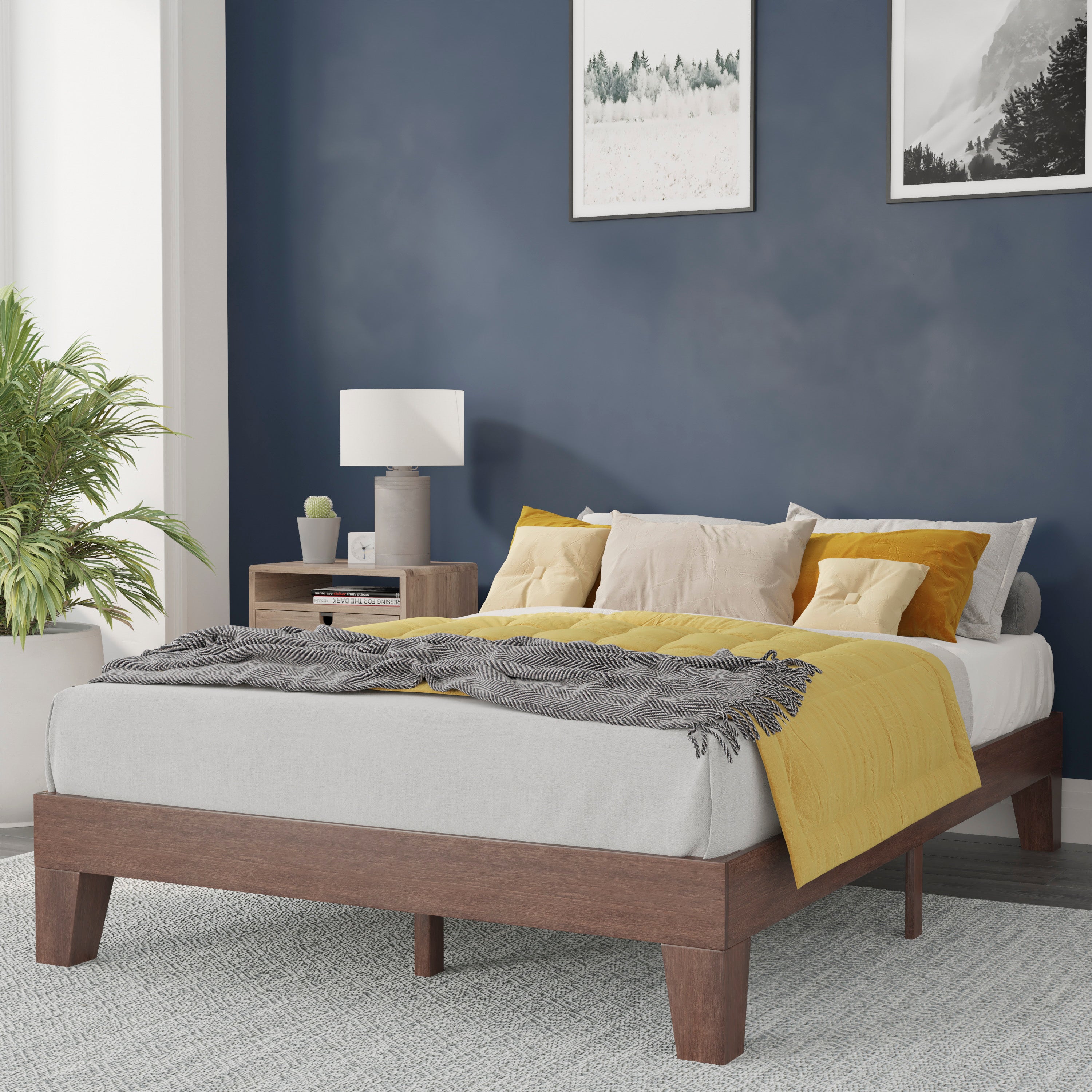 Evelyn Walnut Finish Wood Full Platform Bed with Wooden Support Slats, No Box Spring Required